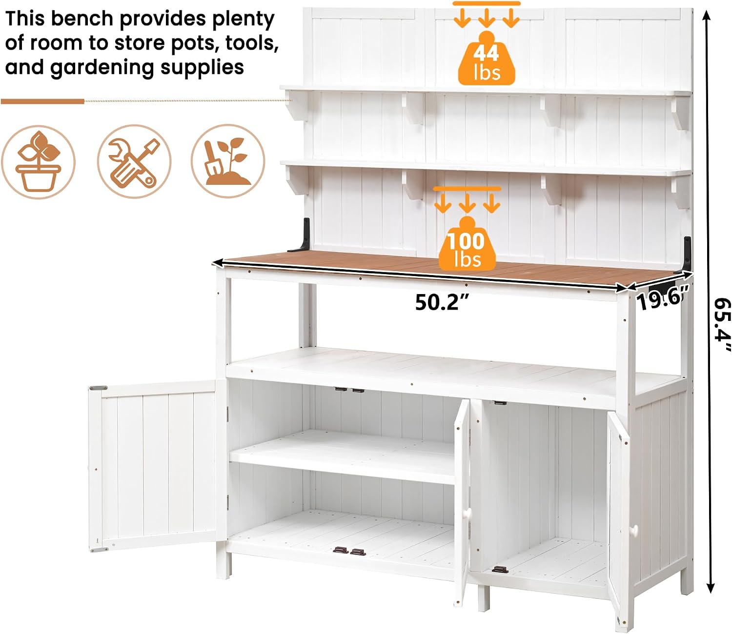JIVOIT Outdoor Garden Potting Bench Table, 50.2' Solid Fir Wood Garden Workstation Work Bench, Outdoor Planting Table with Hutch, Large Countertop, 2 Shelves, 2 Cabinets, 3 Side Hooks