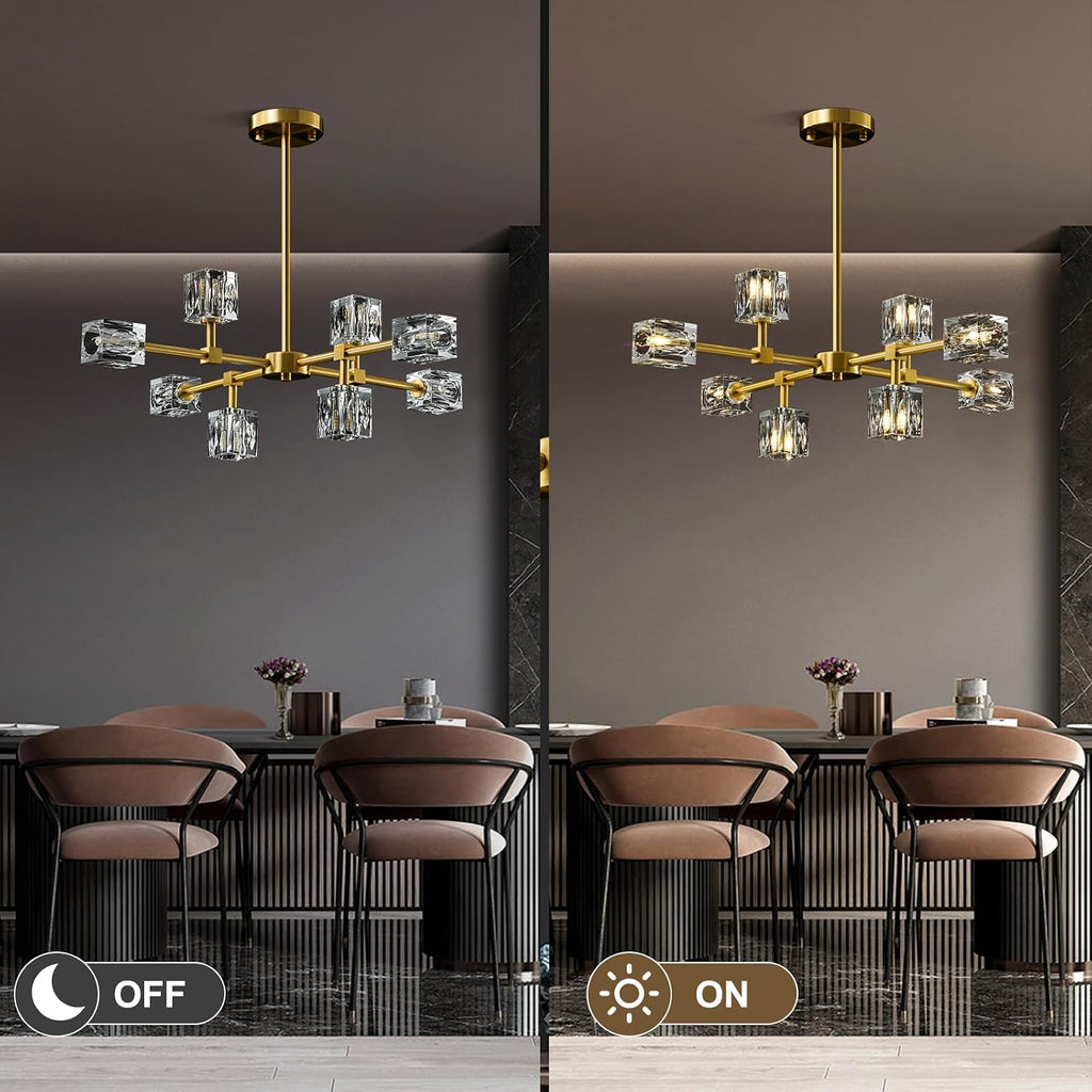 Modern Sputnik Crystal Kitchen Chandelier - Luxury Elegant 8 Light Gold Brushed Brass Chandeliers - Adjustable Height Pendant Lighting Ceiling Fixture for Dining Room Living Room Island Table Bedroom