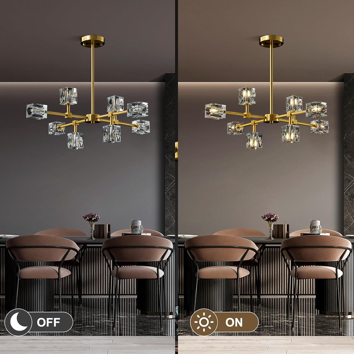Modern Sputnik Crystal Kitchen Chandelier - Luxury Elegant 8 Light Gold Brushed Brass Chandeliers - Adjustable Height Pendant Lighting Ceiling Fixture for Dining Room Living Room Island Table Bedroom