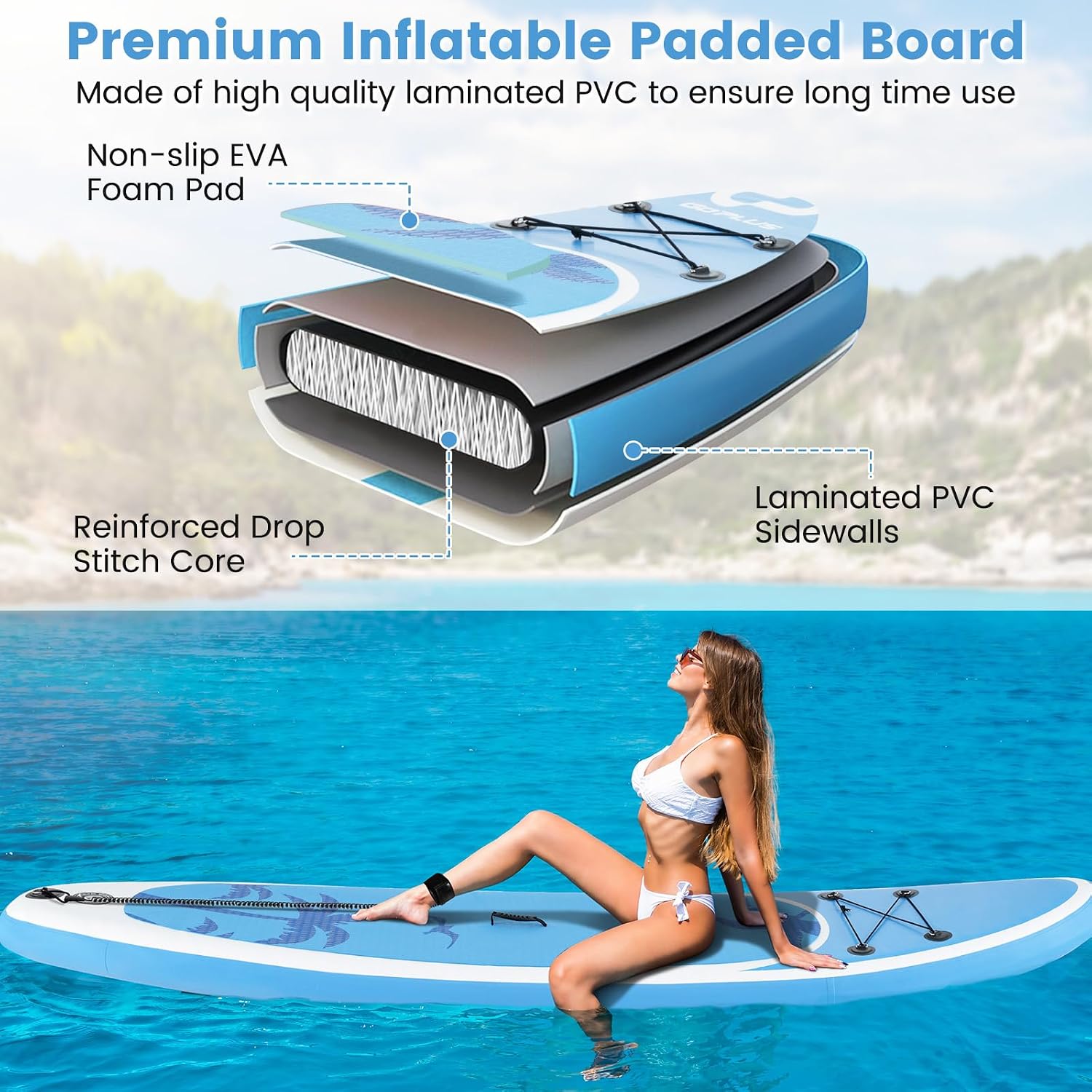 GYMAX Paddle Board, Inflatable Stand Up Paddle Board with SUP Accessories, Removable Fin, Paddle, Pump, Leash & Carry Bag, Blow Up Paddle Boards Standing Boat