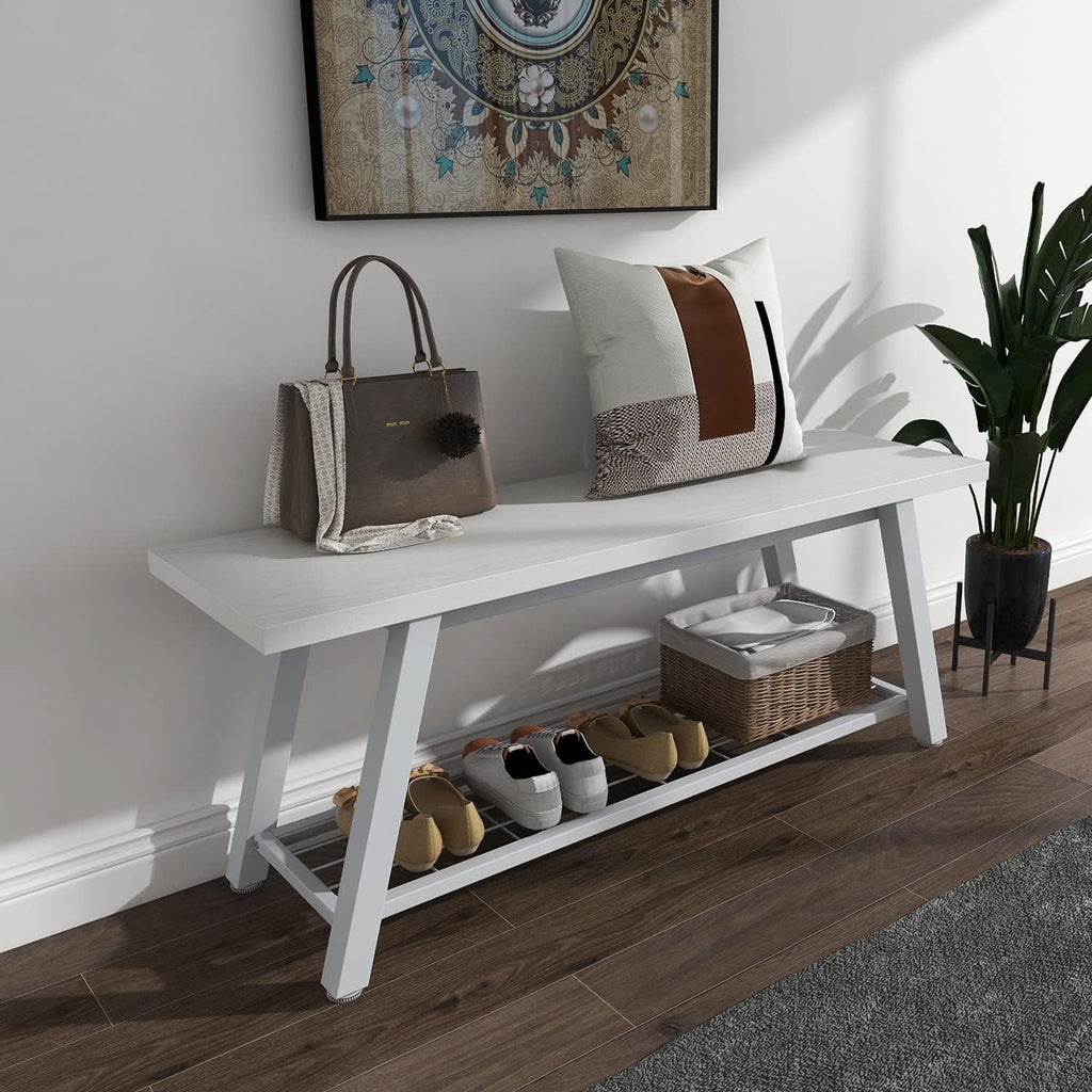 Oastreeful Industrial Entryway Bench Rustic Wood and Metal Storage Bench for Indoor Living Dining Room Bedroom Long Shoe Benches Seat (White)