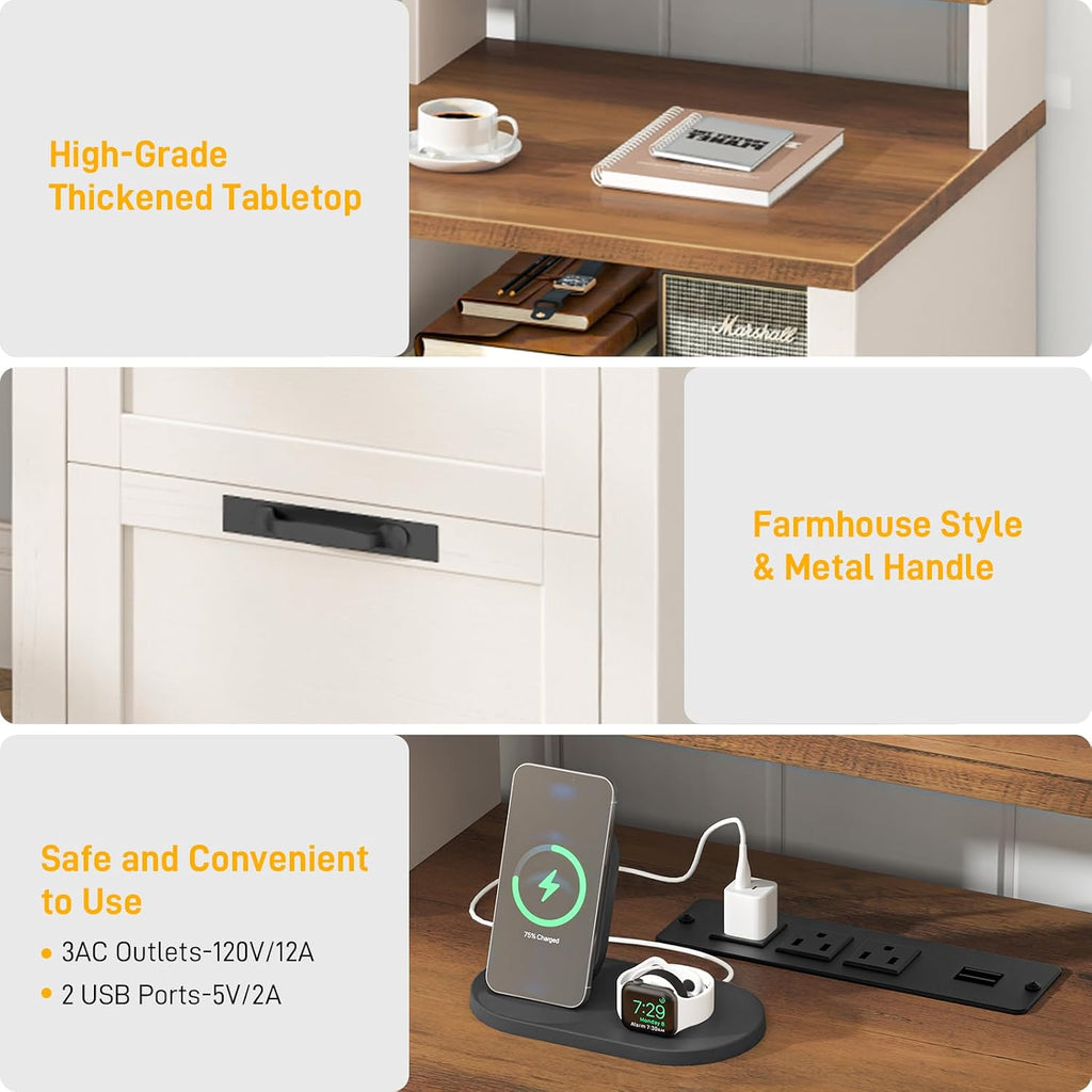 Vabches 61' Farmhouse Executive Desk with LED Lights and Power Outlets,Computer Desk with Monitor Stand & File Drawers,Large Workspace with Storage Drawers for Home Office,Study,White