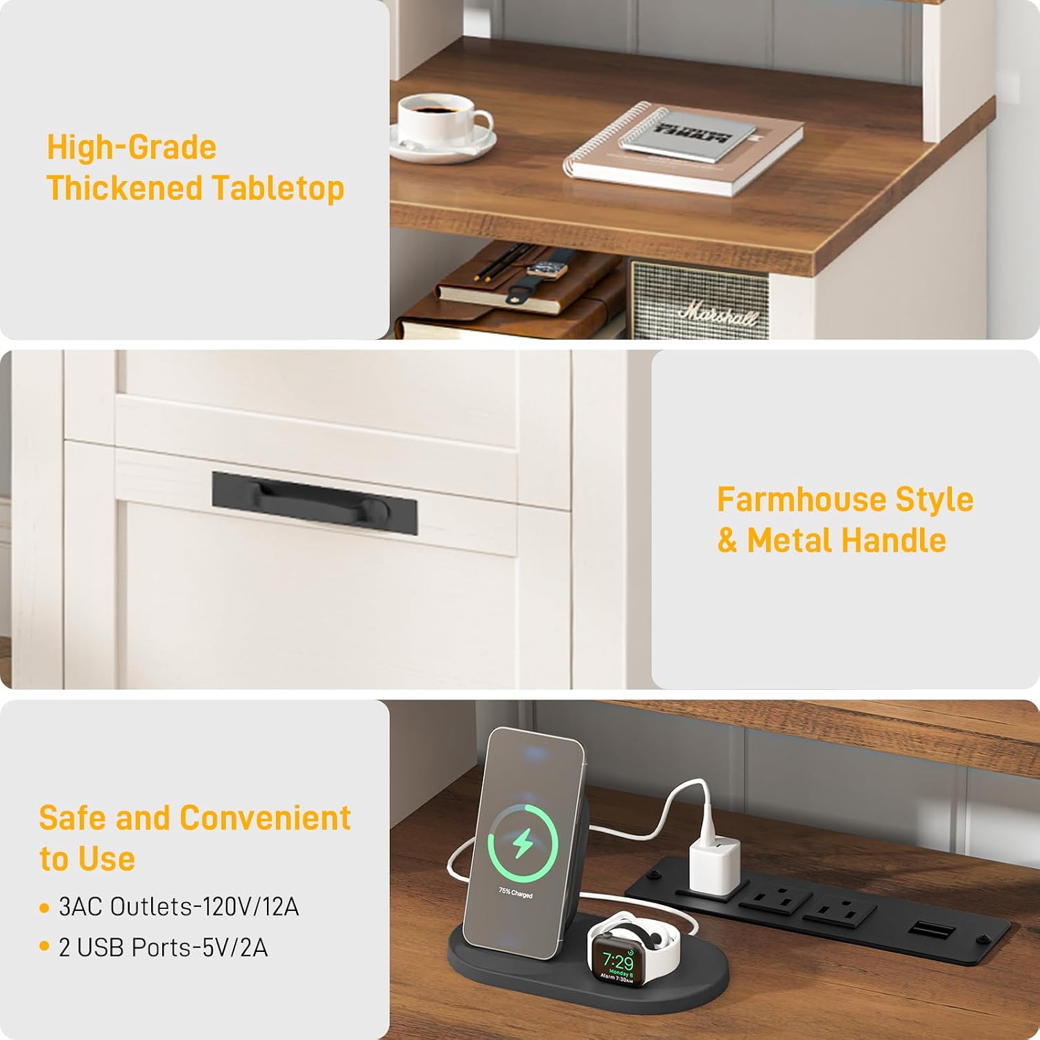 Vabches 61' Farmhouse Executive Desk with LED Lights and Power Outlets,Computer Desk with Monitor Stand & File Drawers,Large Workspace with Storage Drawers for Home Office,Study,White