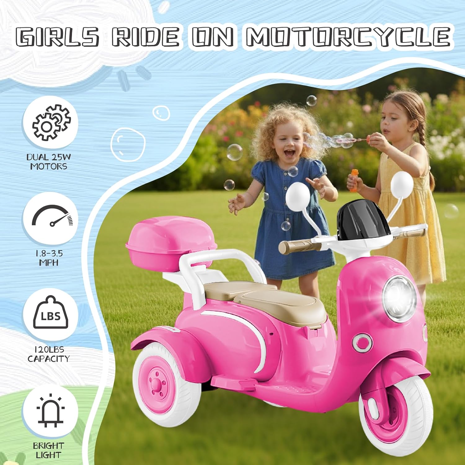 HEIMILI 12V 2-Seater Ride on Motorcycle for Kids, 3 Wheel Electric Motorbike with Dual 25W Motors, Toddler Moped Scooter with Bluetooth Music, Battery Powered Toy for Girls Boys 3-6 Years, Rose