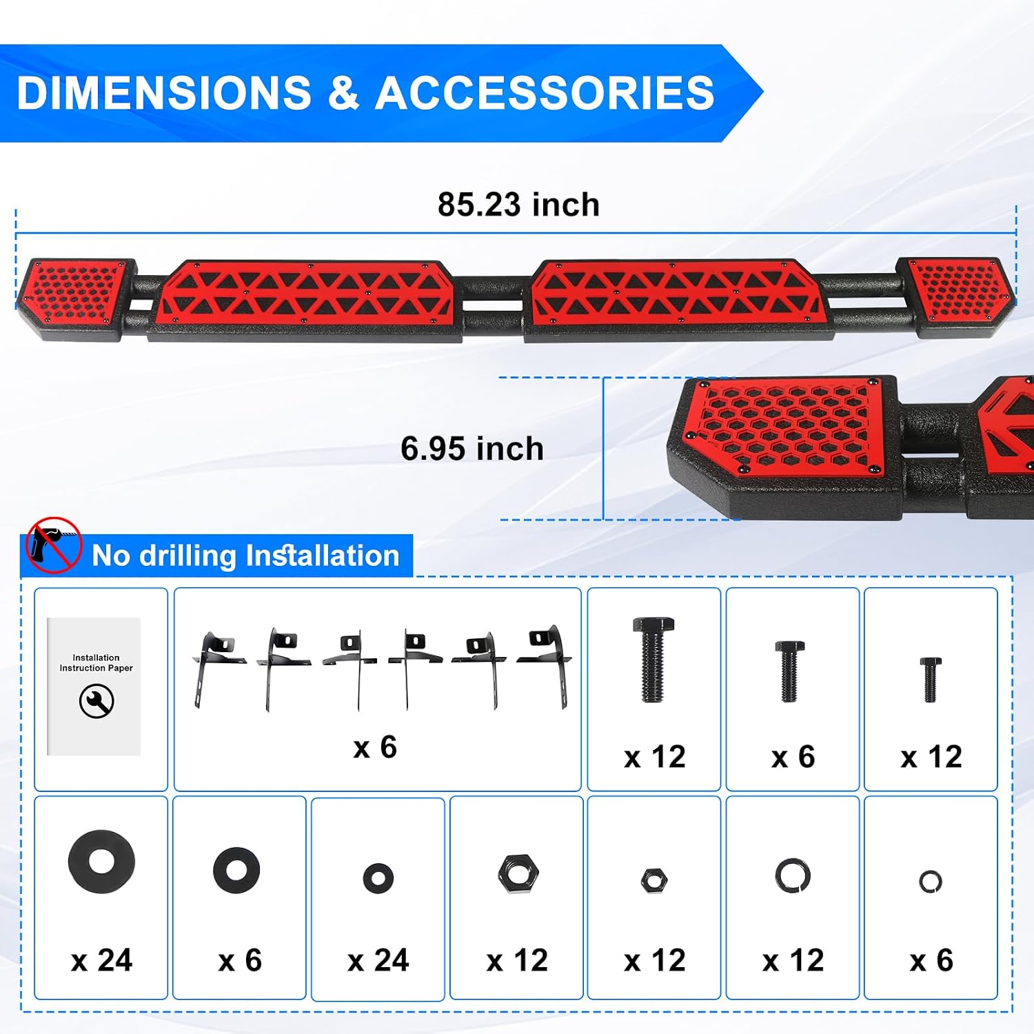 Red Running Boards fit for Jeep Gladiator JT 2020-2026 | side steps fit for JT 4 door 7 inch rock rail steps carbon steel rock sliders