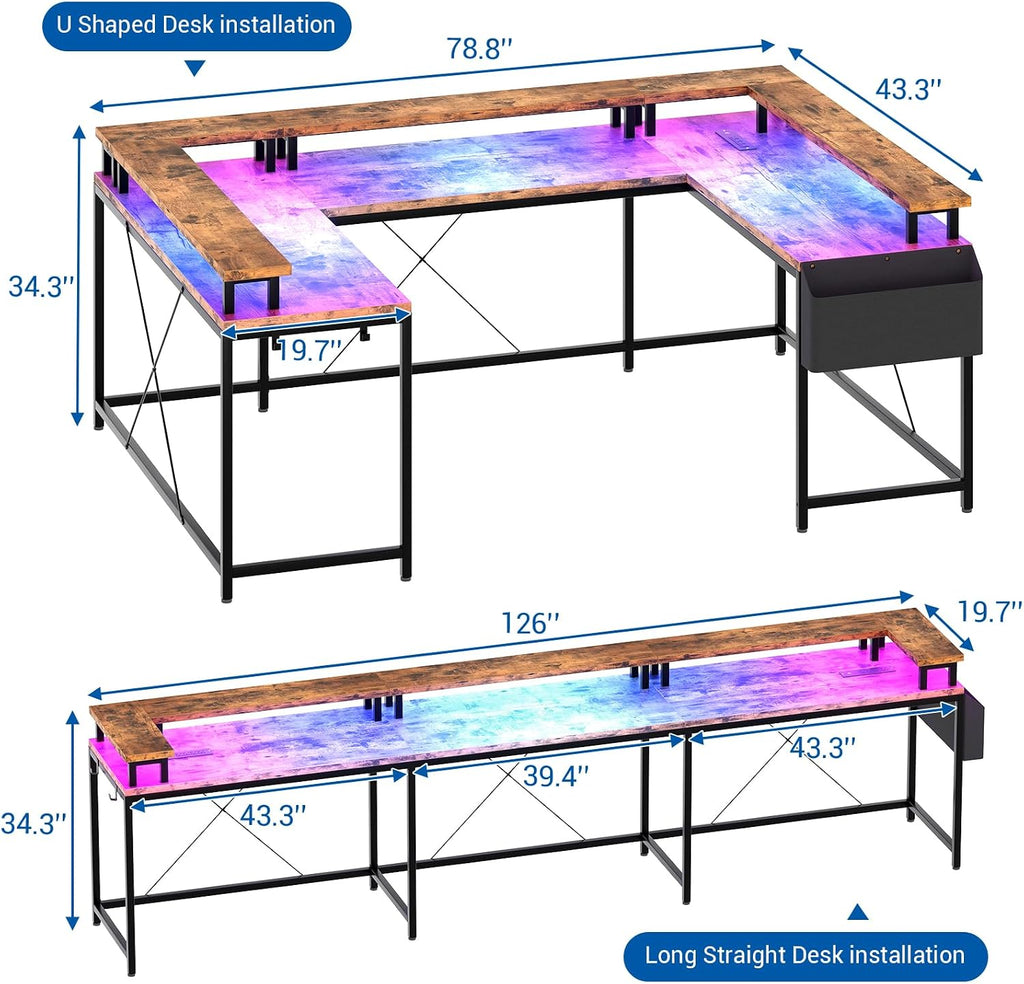 79 Inch u Shaped Desk with Power Outlets, LED Strip & Monitor Stand, Large Corner Computer Desk with Monitor Stand & with Storage Shelves for Home Office
