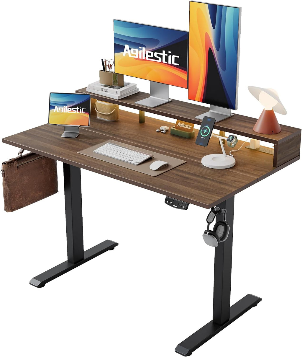 Agilestic 48x24 Inch Electric Standing Desk with Shelf, Height Adjustable Desk with Power Outlets & LED, Sit Stand Up Table with Monitor Stand, Computer Workstation, Dark Walnut