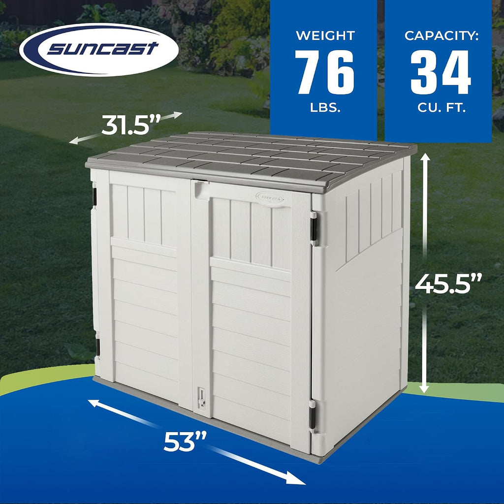 Suncast BMS2500 53 x 31.5 x 45.5 Inch Horizontal Resin Outdoor Storage Shed Bundled with 2 Pack BMSBSKT2PK 25 x 7.25 Inch Basket Accessory, Black