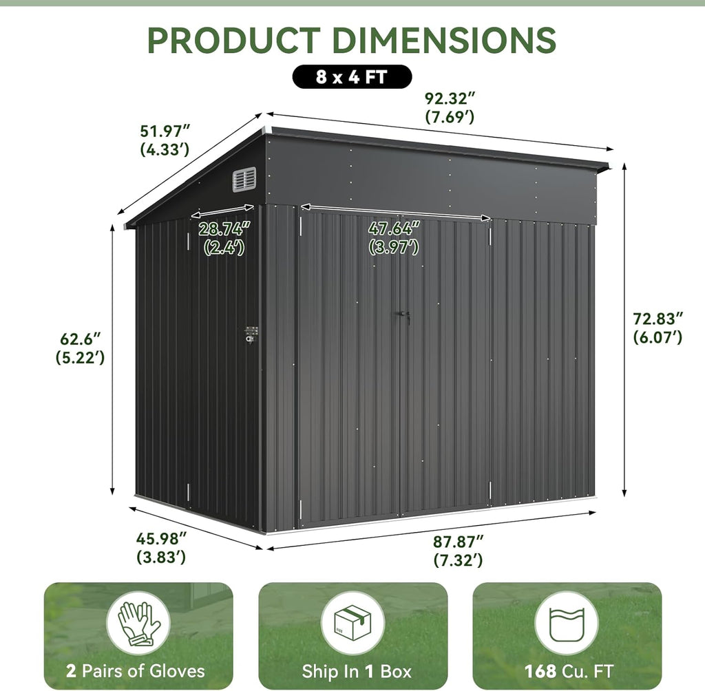 Aoxun 7.5'x4' Triple Door Shed Outdoor Storage Shed with Magnetic Sensor Light Three Door Metal Storage Cabinet with Slopping Roof for Tools Bicycles Storage for Garden, Backyards (Black)