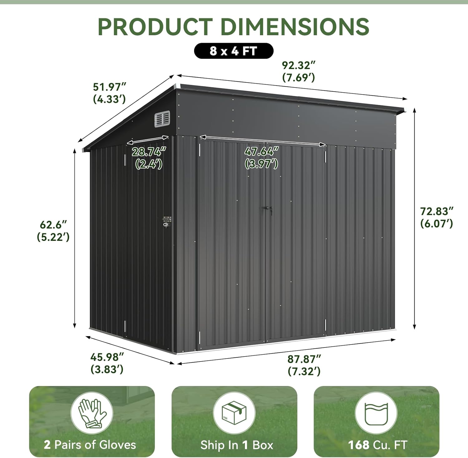 Aoxun 7.5'x4' Triple Door Shed Outdoor Storage Shed with Magnetic Sensor Light Three Door Metal Storage Cabinet with Slopping Roof for Tools Bicycles Storage for Garden, Backyards (Black)