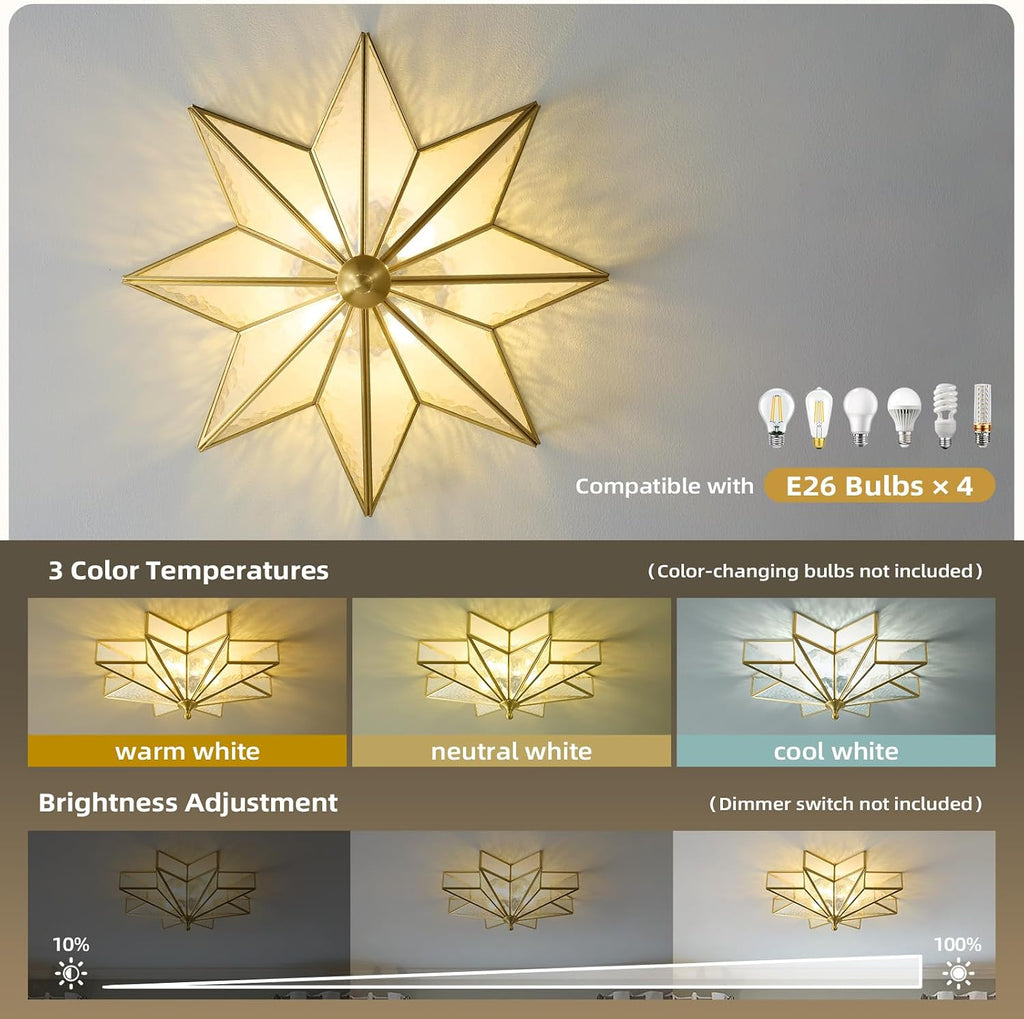 Star Brass Vintage Ceiling Light - 19.7 Inch Large Hammered Glass Antique Brushed Gold Flush Mount Fixture, Mid Century Art Deco Overhead Lighting for Kitchen Hallway Bedroom Bathroom Laundry Entryway