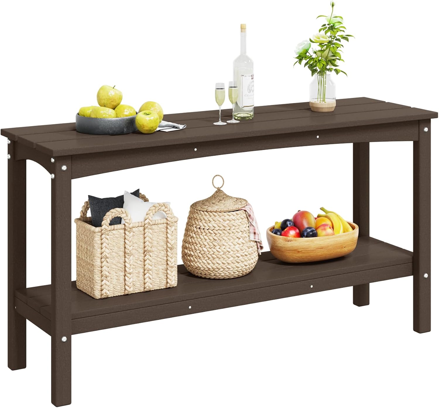 Costaelm Plant Stand Outdoor, 55in 2-Shelf Outdoor Storage Cabinet, Multifunctional Buffet Porch Table tv Stand and Side Tables for Patio, Pool & Yard, Dark Brown
