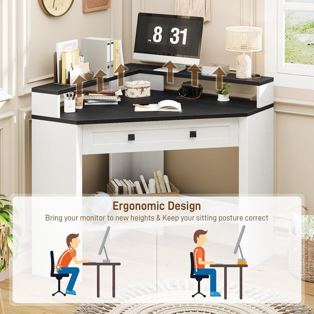 Corner Desk, Triangle Computer Desk Home Office Workstation with Drawer and Monitor Stand for Small Spaces Farmhouse Corner Vanity Table for Bedroom Study, Living Room (Rustic White and Black)