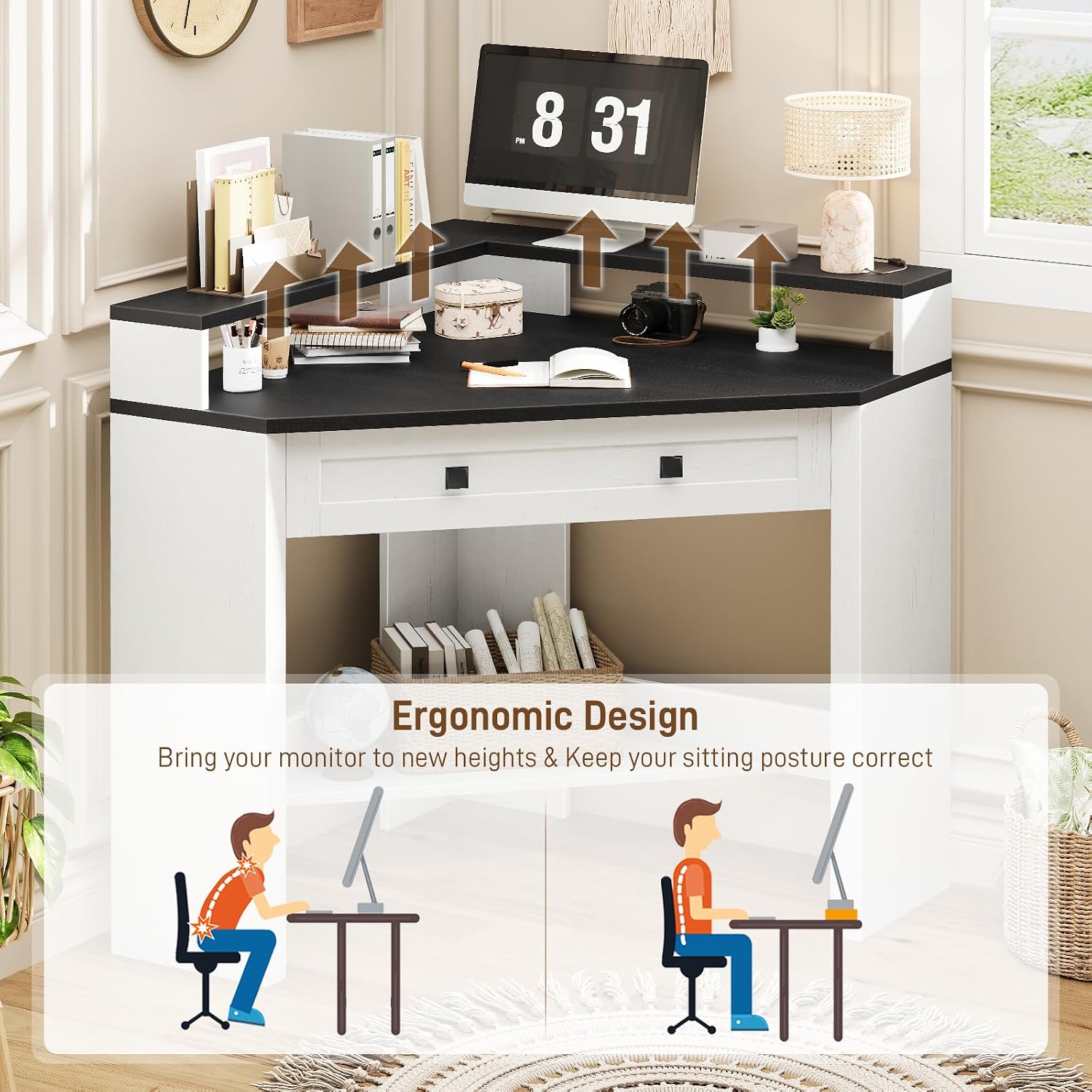 Corner Desk, Triangle Computer Desk Home Office Workstation with Drawer and Monitor Stand for Small Spaces Farmhouse Corner Vanity Table for Bedroom Study, Living Room (Rustic White and Black)
