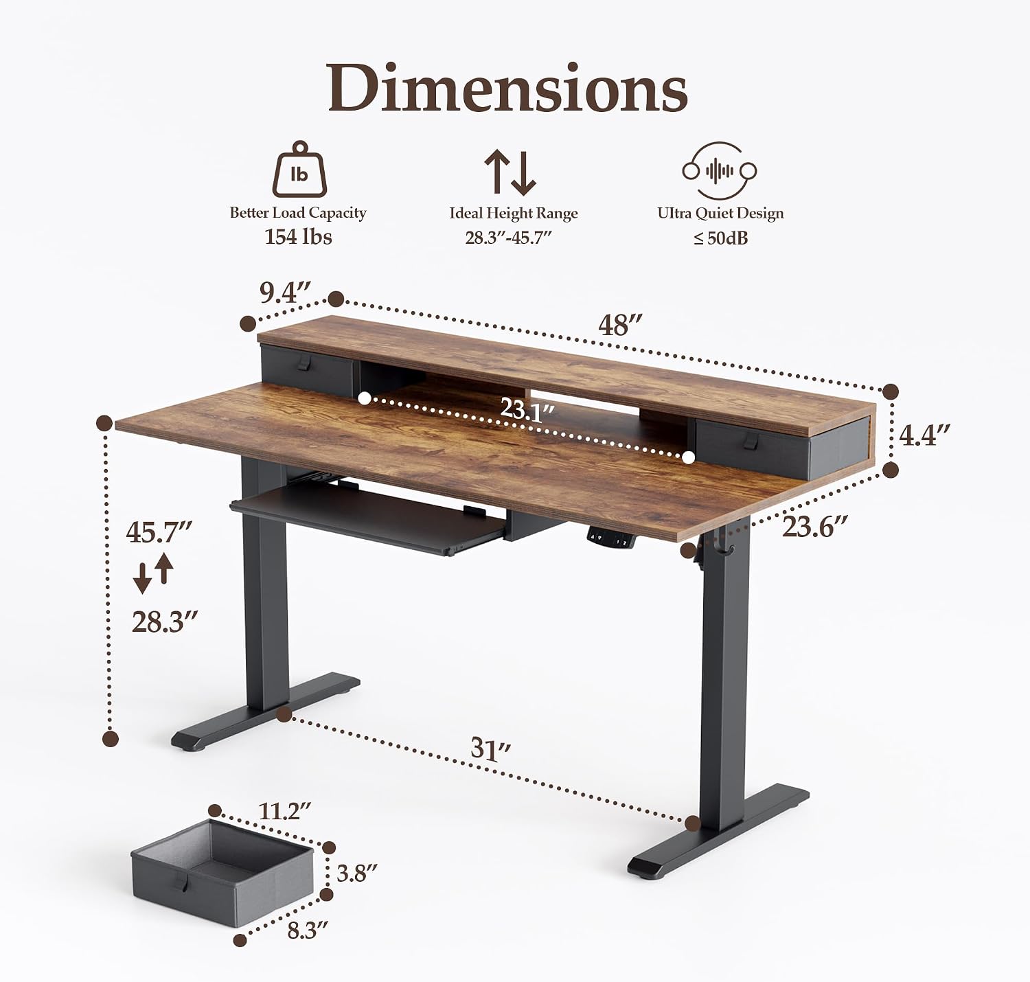 Klicelor 55 x 23.6 Inch Electric Standing Desk with Drawers, Adjustable Height Small Sit Stand Desk for Home Office, Compact Computer Workstation with Storage– Rustic Brown