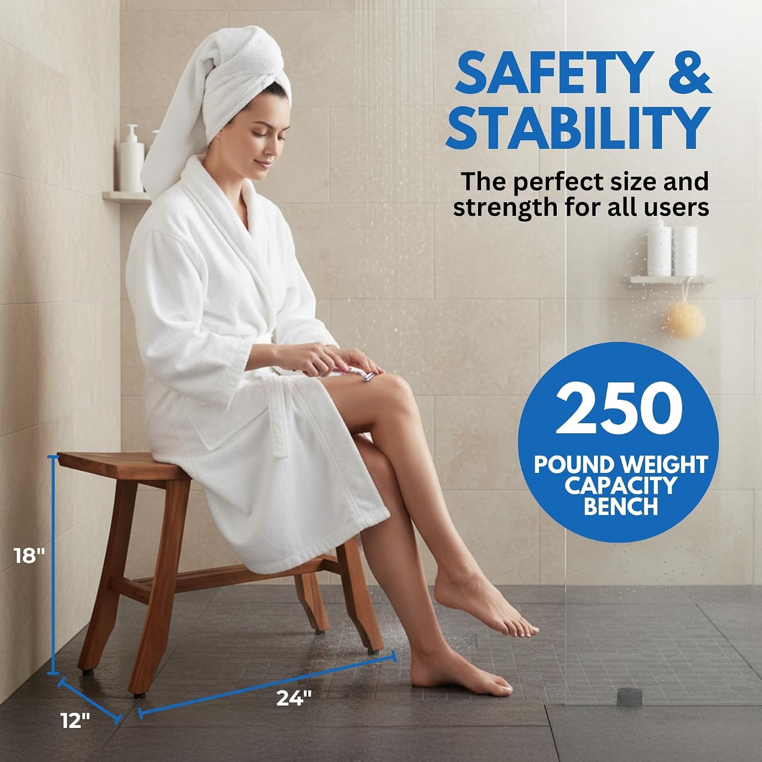 EcoDecors 24 Inch Satori Natural Teak Waterproof Teak Wood Shower Bench Stool Seat Chair for Inside Shower Provides Safety, Storage, and Organization for Bathroom Accessories