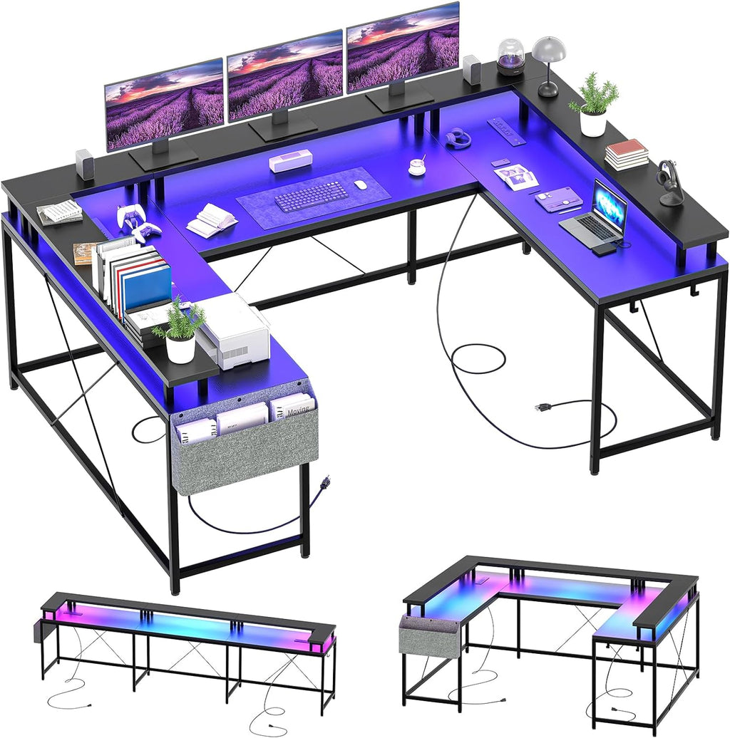 U Shaped Gaming Desk, 79' Reversible U Shaped Desk with Power Outlets, LED Lights, Monitor Stand & Storage Shelves, Corner Office Desk for Home Office, Gaming, Workstation (Black Willow)