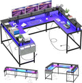 U Shaped Gaming Desk, 79' Reversible U Shaped Desk with Power Outlets, LED Lights, Monitor Stand & Storage Shelves, Corner Office Desk for Home Office, Gaming, Workstation (Black Willow)