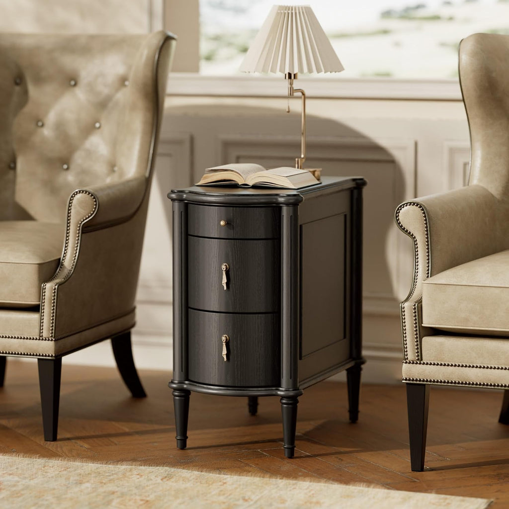 STO'SENSE Nightstand w/Charging Station & 3 Drawers, Pre-Assembled, Vintage Side Table w/Antique-Finished Pulls, Rustic Wood Finish, Narrow End Table w/Turned Legs for Bedroom (1, Black)