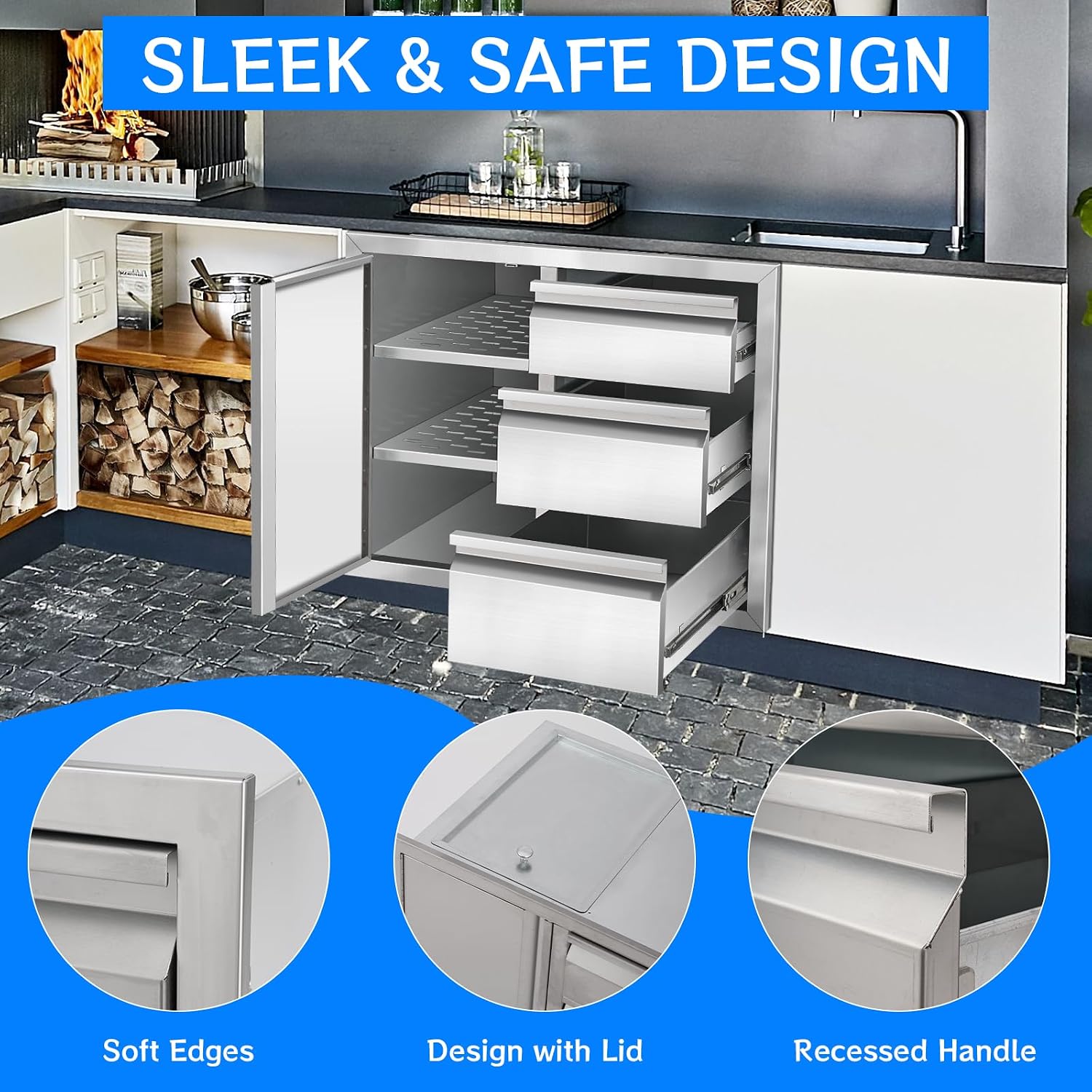 Outdoor Kitchen Drawer Combo Cabinet, Stainless Steel Triple Drawers with Integrated Access Door, 28' W x 22' H x 19.5' D Outdoor Built-in Cabinet for BBQ Island Grill Stations