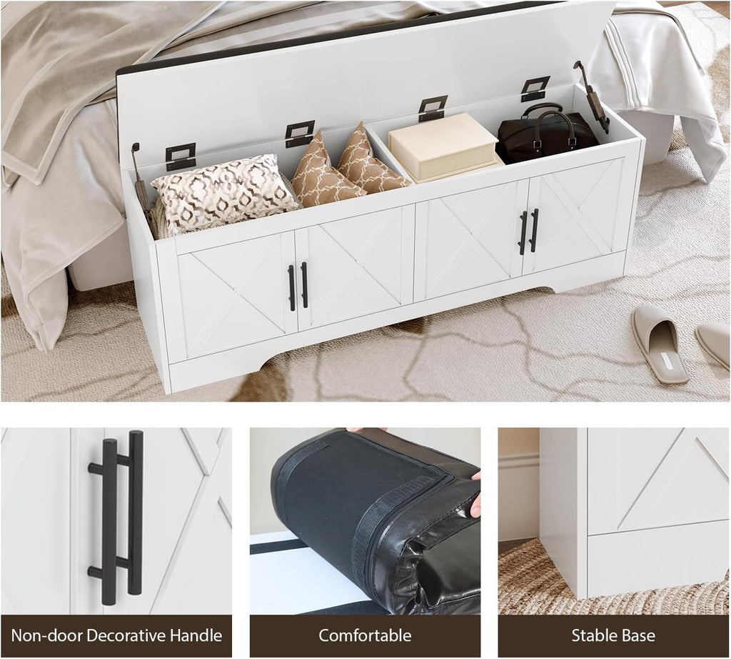 DreamDashio Farmhouse Storage Bench with Lift Top Storage, 47.2' Entryway Bench with Cushioned Seat, End of Bed Bench, Wooden Storage Chest Trunks, for Entryway, Bedroom, Living Room,White