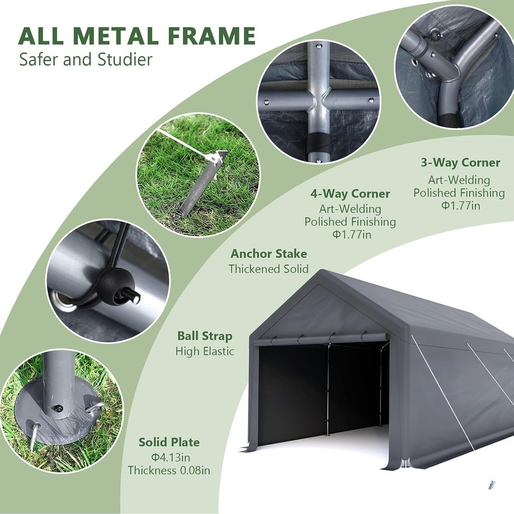 10x20 FT Heavy Duty Carport Car Tent Car Canopy Storage Shed, Portable Garage with Removable Sidewalls & Doors All-Season Tarp for Car,Truck,SUV,Party Grey