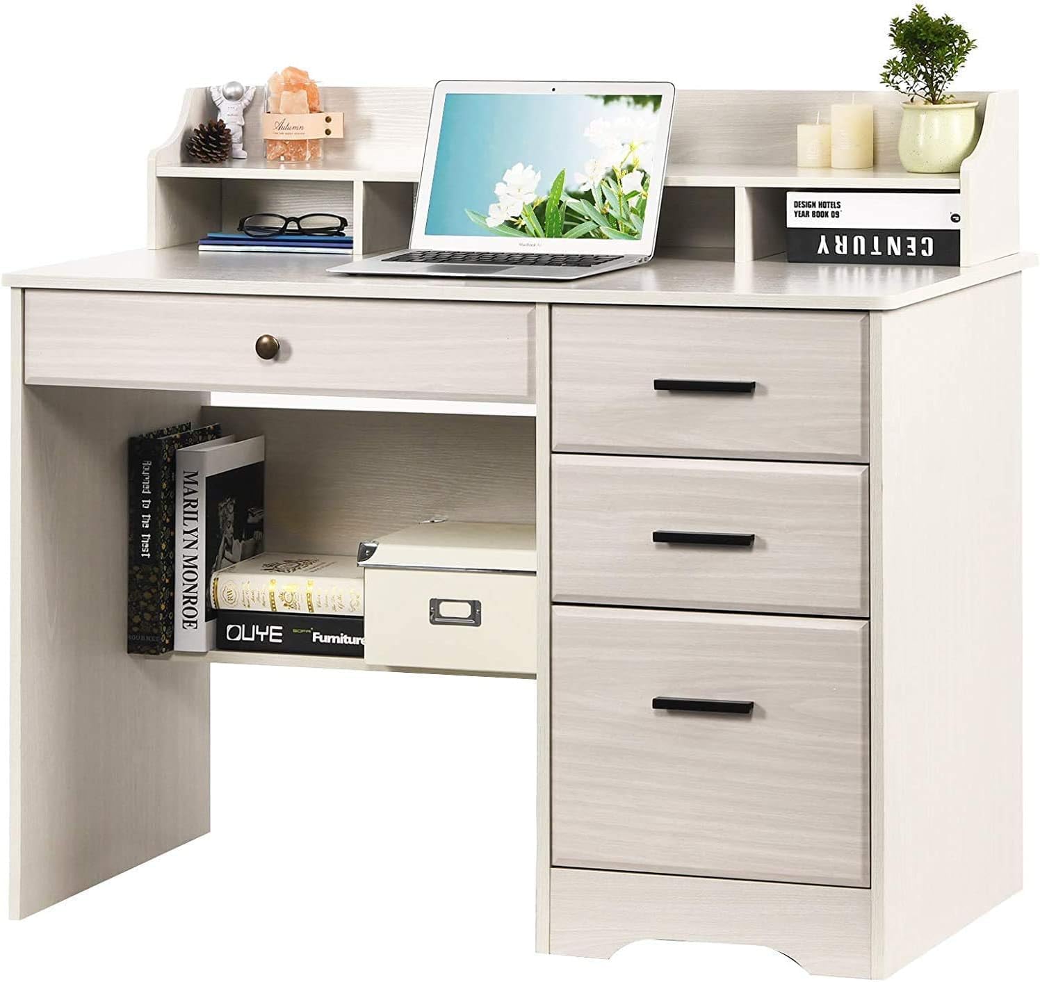Catrimown Computer Desk with Drawers and Hutch, Farmhouse Home Office Desk, Wood Student Desk with File Drawer for Bedroom, Writing Table for Small Space, Warm White