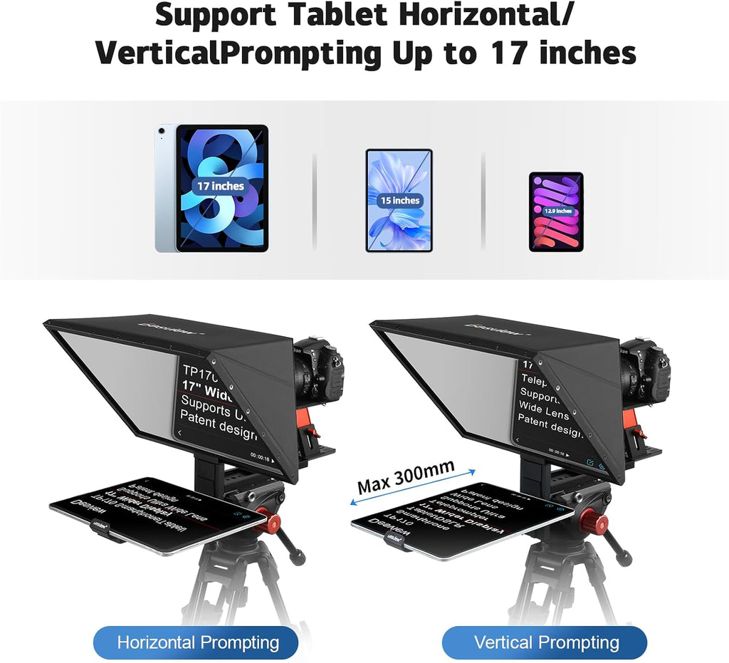 Desview TP170 teleprompter 17 inch High Display Glass Aluminum Alloy Liftable Teleprompter with Remote Control Compatible with ipad DSLR Camcorders Easy Assembly with Carry Case for Video Making