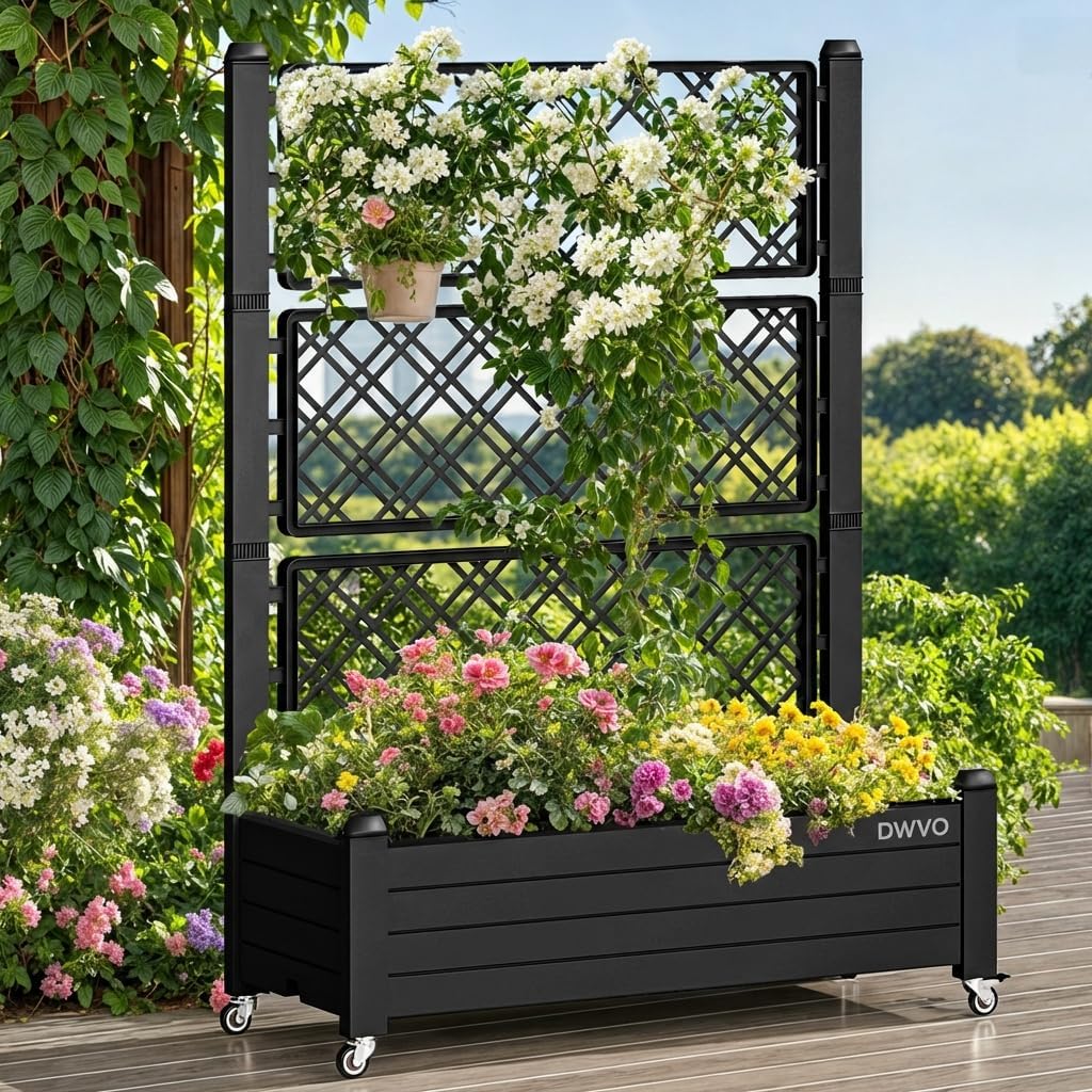 DWVO 3.6 x 1.5 x 5 FT Raised Garden Bed with Trellis, Large Outdoor Planter Trellis Box with Drainage Holes and Wheels for Climbing Plants, Black