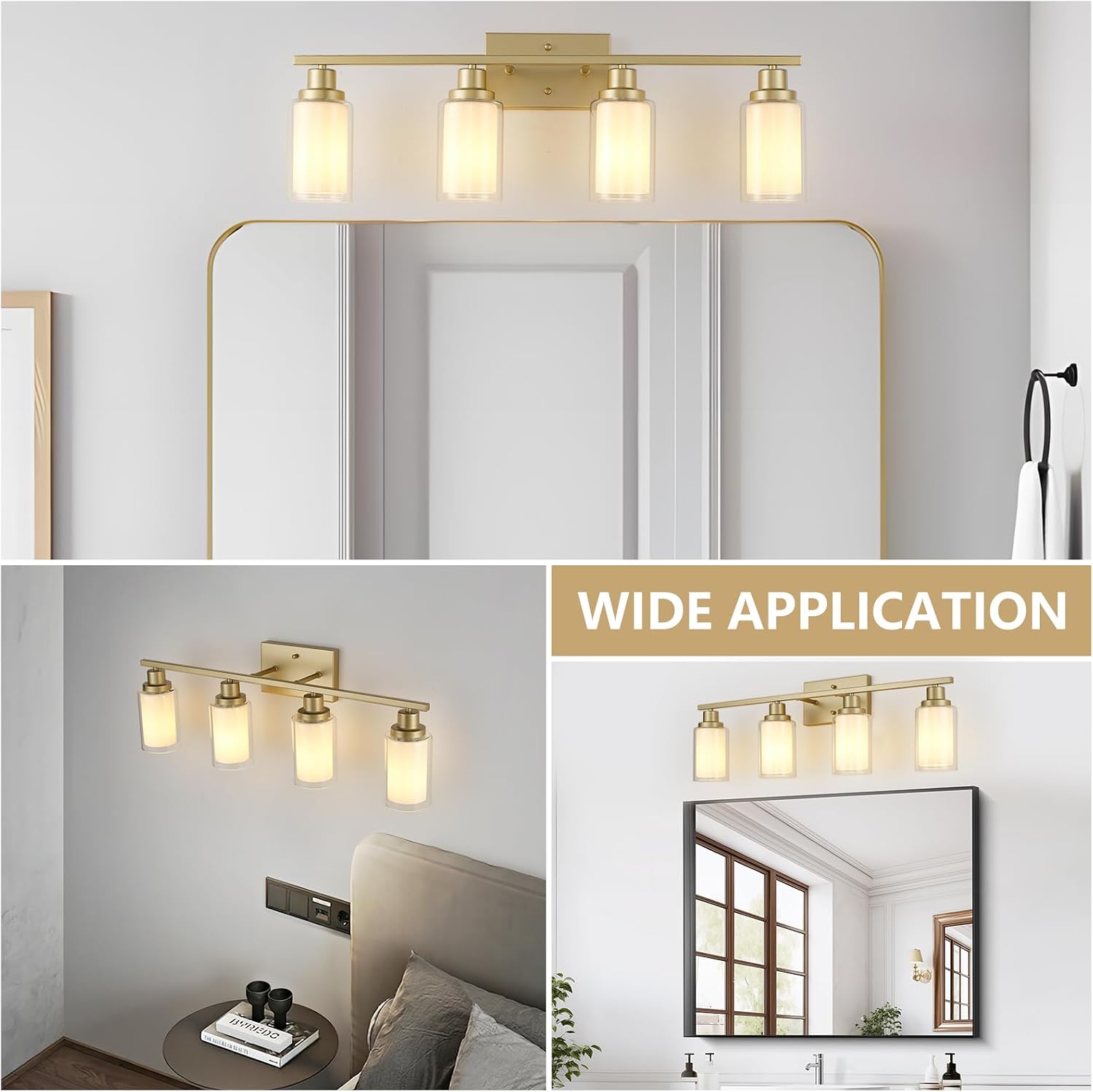 Jonsi Bathroom Vanity Light 4-Light Gold Vanity Lights 31' Bathroom Light Fixtures Over Mirror with Double Clear Glass Modern Wall Sconces for Living Room Hallway Bedroom