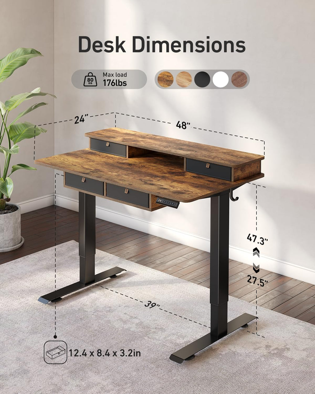 FEZIBO 48 x 24 inch Standing Desk with Drawers, Height Adjustable Electric Workstation, Computer Sit Stand Up Table with Large Storage Shelf 4 Drawers and 2 Hooks, Rustic Brown