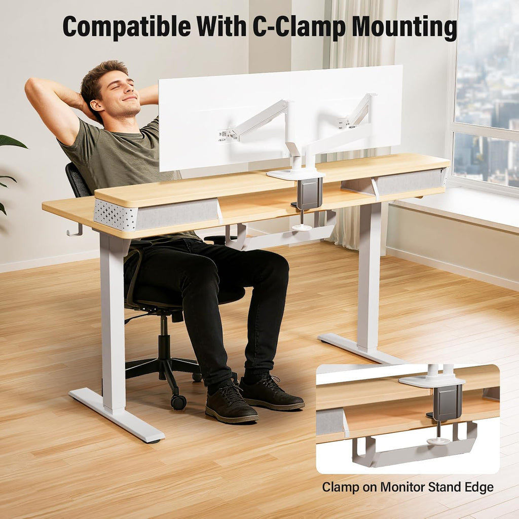 Kingant 40 x 24 Inch Small Electric Standing Desk with 4 Drawers, Height Adjustable Sit to Stand Computer Desk with Storage Shelf and C-Clamp Mount Compatibility for Home Office, Nature