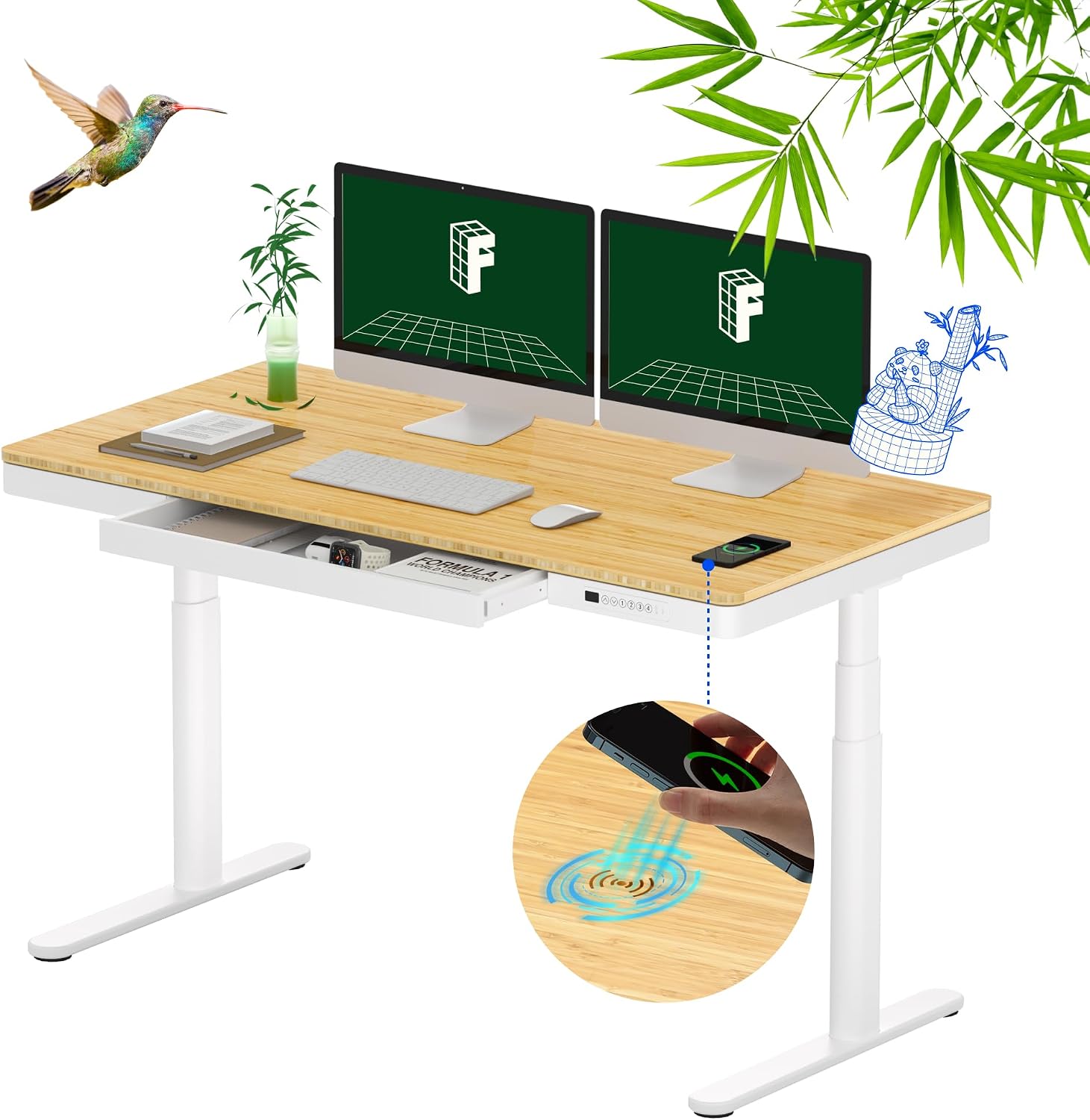 FLEXISPOT Q8 55' Bamboo Standing Desk, Dual Motor 3 Stages Adjustable Height Electric Computer Workstation w/Wireless Charging, Drawer, Quick Install, 220lbs Capacity (Bamboo Tabletop + White Frame)