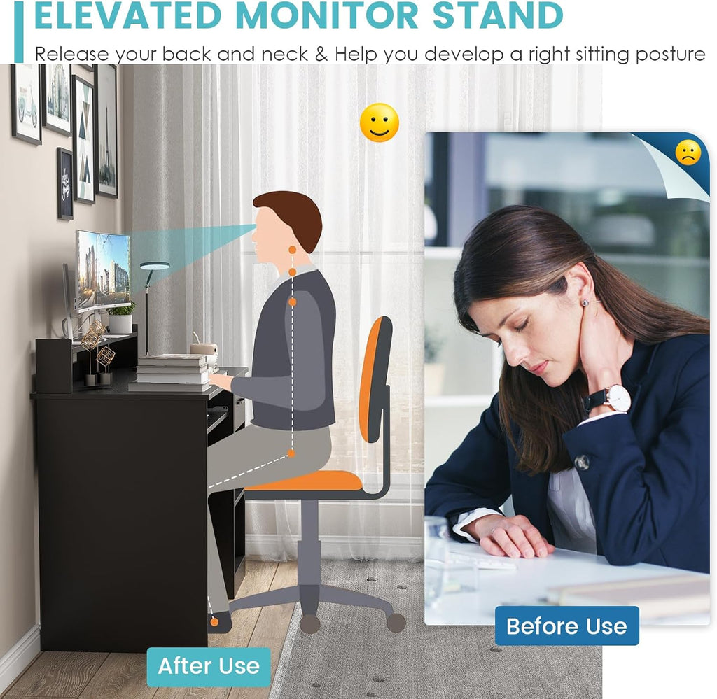 HAPPYGRILL Computer Desk with Monitor Stand, Home PC Office Desk with Keyboard Tray, Drawer & CPU Stand, Study Writing Desk Home Workstation Desk with Display Shelf