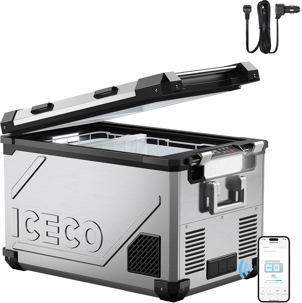 ICECO APL55 58Qt 12V Refrigerator, Dual Zone Fridge Freezer with SECOP Compressor, -4℉~68℉, APP Control Portable Freezer with AC/DC, 12v Fridge, Car Refrigerator For Outdoor |Silver+DC Cord