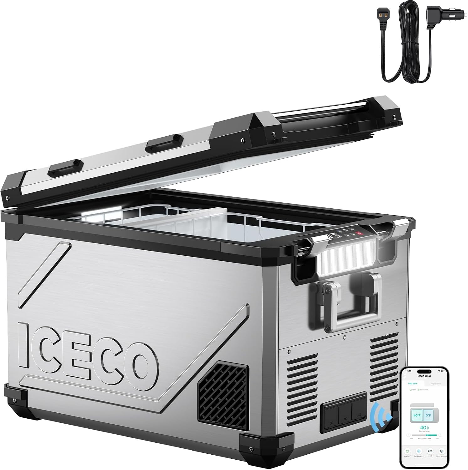 ICECO APL55 58Qt 12V Refrigerator, Dual Zone Fridge Freezer with SECOP Compressor, -4℉~68℉, APP Control Portable Freezer with AC/DC, 12v Fridge, Car Refrigerator For Outdoor |Silver+DC Cord