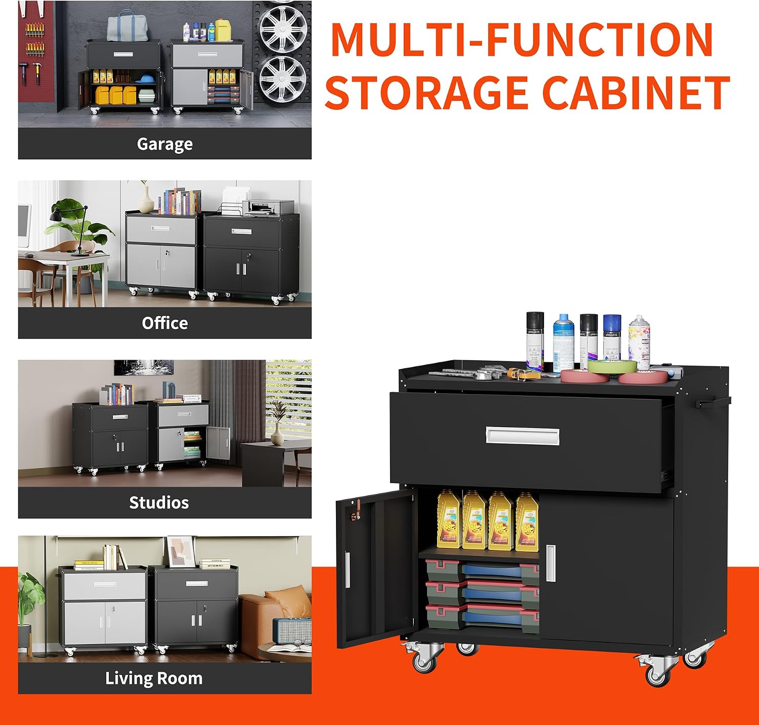 Baborokic Black Metal Garage Storage Cabinet With Wheels, Lockable Tool Cabinet With Shelves, Rolling Metal Cabinet for Warehouse, Home