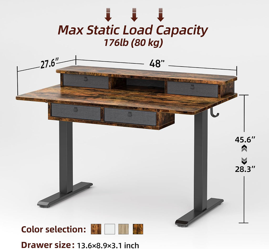 TIQLAB 48 * 28 Inch Standing Desk with Four Drawers, Electric Sit Stand Table, Stand Up Desk Adjustable Height with Storage Shelf, Splice Board, Deep Vintage