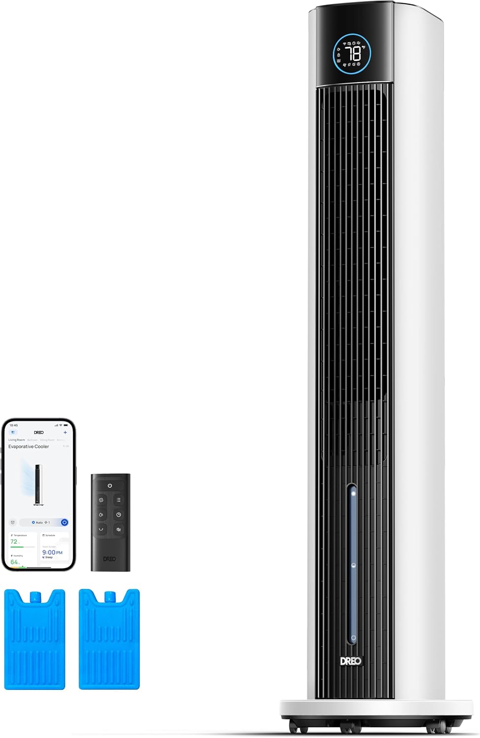 DREO Evaporative Air Swamp Cooler, 43' Cooling Fans that Blow Cold Air 2025 Upgraded, 85° Oscillating Floor Fan for Bedroom, Easy Cleaning, APP Control, Ice Packs, 4 Speeds & 4 Modes, 12H Timer, White