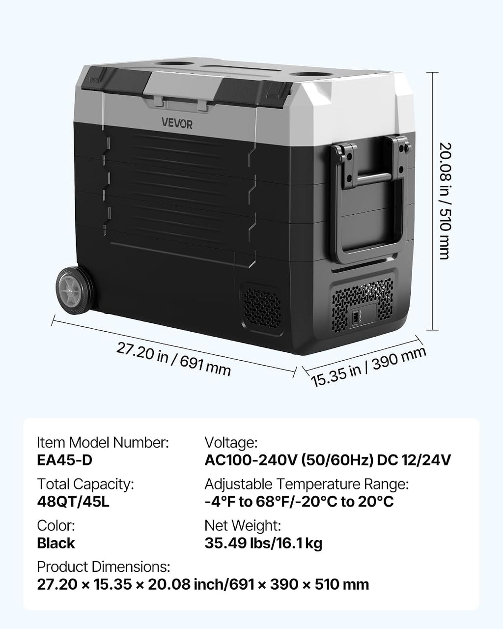 VEVOR Car Refrigerator, DC 12/24V AC100-240V Compressor Electric Cooler, -4°F to 68°F Truck Refrigerator with APP Control, Wheels & Dual Zone, 48 QT Cars Cooler for RVs, Boats, Camping, Fishing
