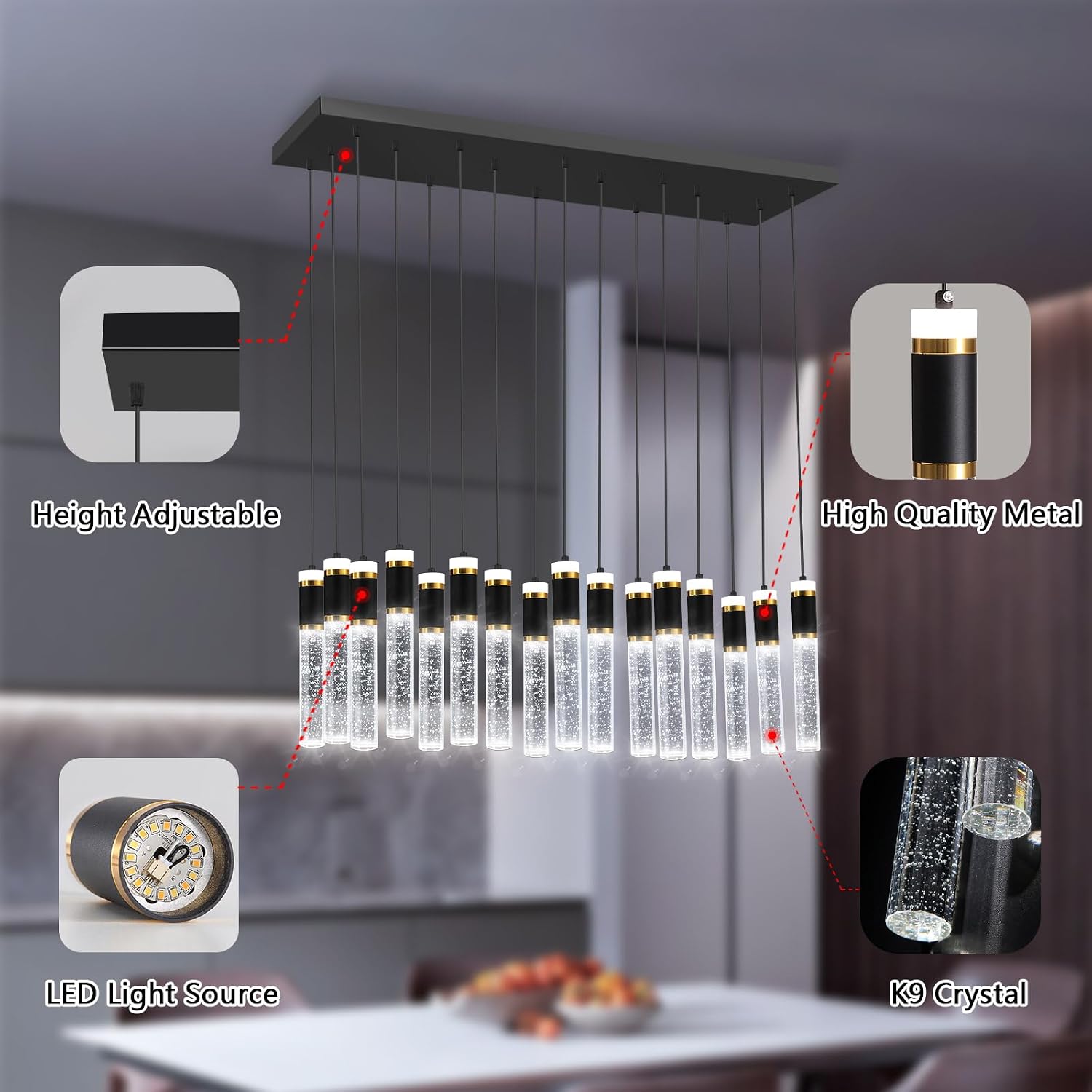 16-Lights Modern Cystal for Kitchen Island LED Dimmable Pendant Lighting Fixture Crystal Chandelier Light Fixtures for Dining Room