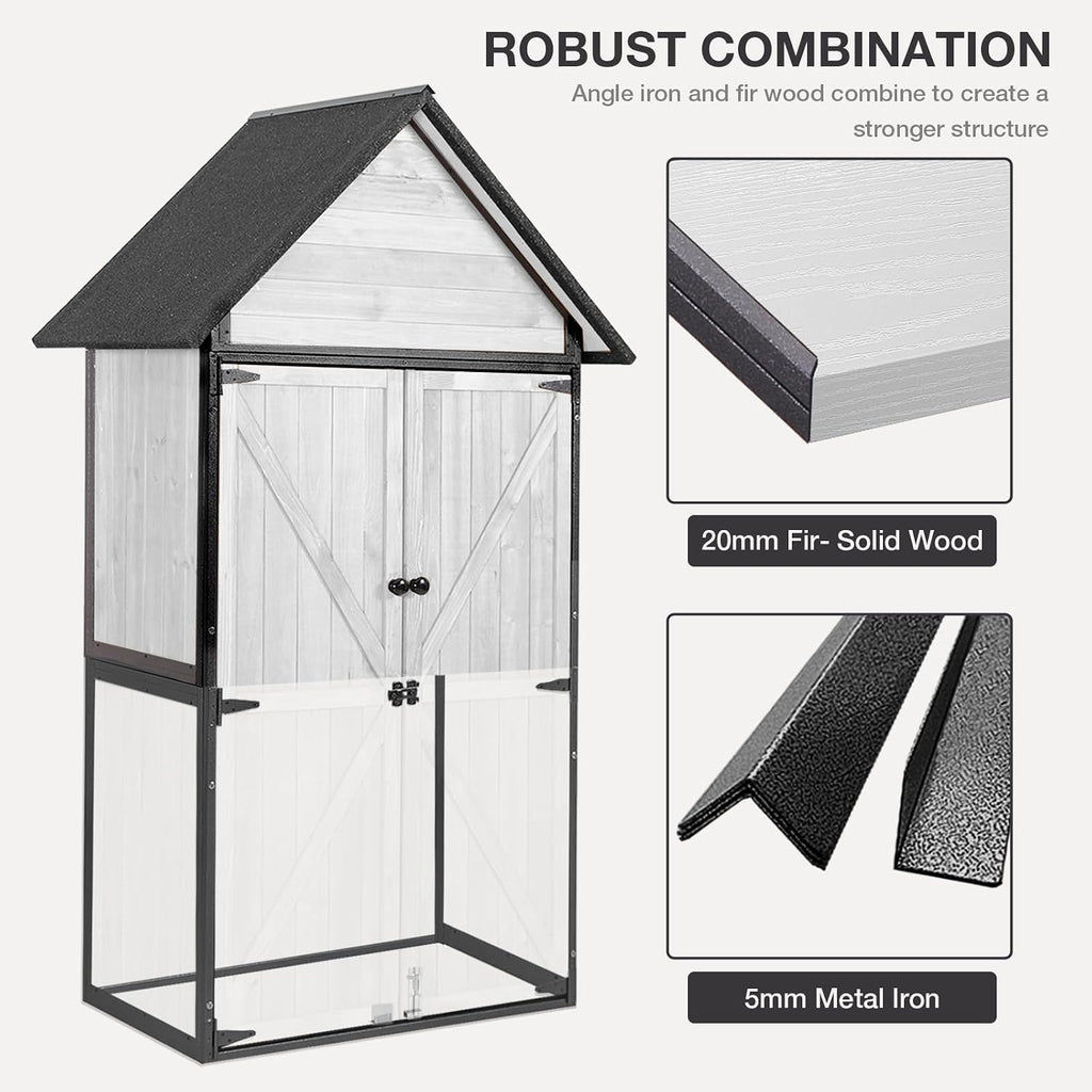 Indoor Outdoor Storage Cabinet with Waterproof Roof Storage Shed with Adjustable Shelves Large Capacity Wooden Storage Shed with Metal Frame Structure for Backyard Garden Patio Lawn (White)
