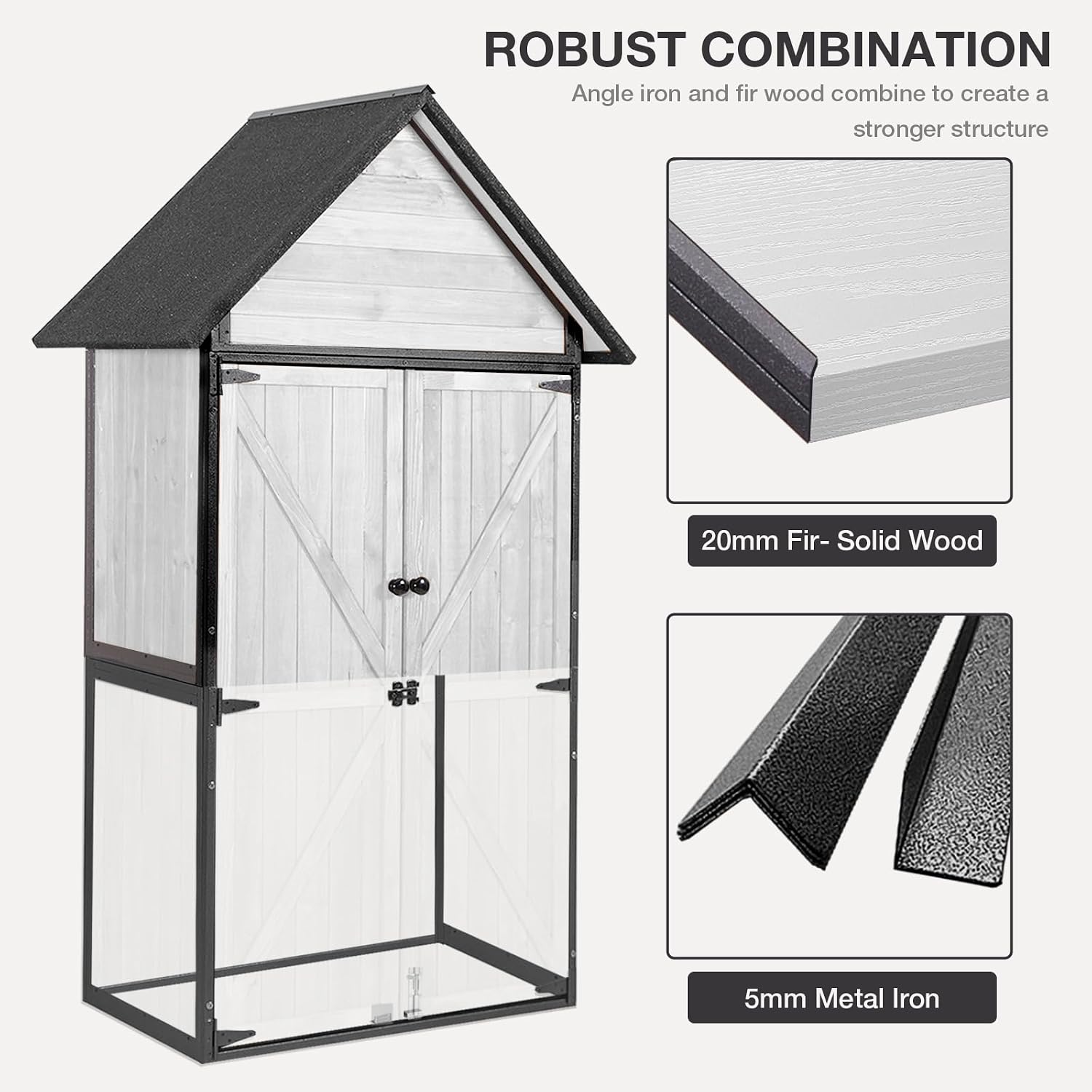 Indoor Outdoor Storage Cabinet with Waterproof Roof Storage Shed with Adjustable Shelves Large Capacity Wooden Storage Shed with Metal Frame Structure for Backyard Garden Patio Lawn (White)