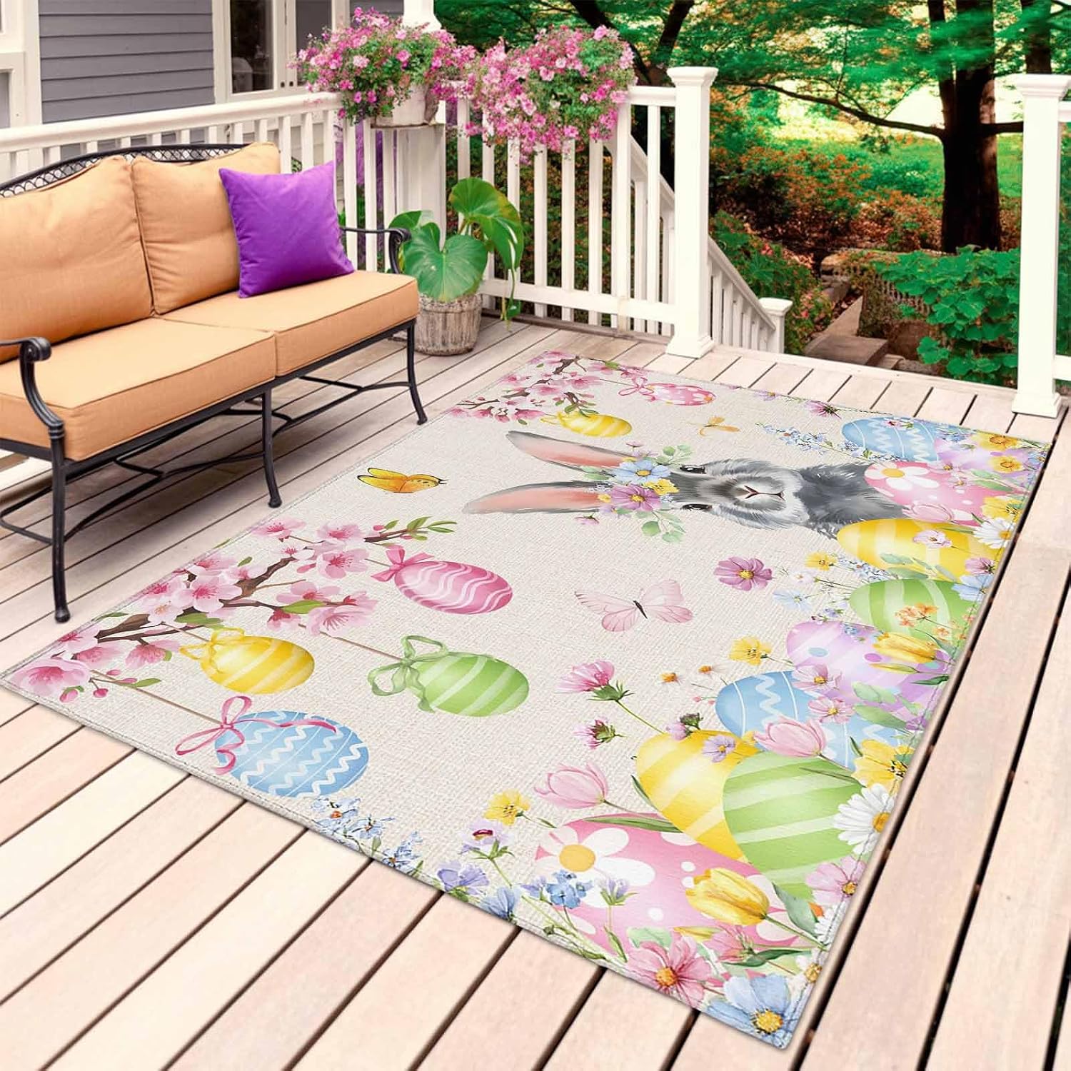 Easter Rabbits Outdoor Rug for Patio/Deck/Porch, Non-Slip Large Area Rug 6 x 9 Ft, Weeping Pink Peach Eggs Vintage Beige Spring Indoor Outdoor Rugs Washable Area Rugs, Camping Rug Carpet Runner