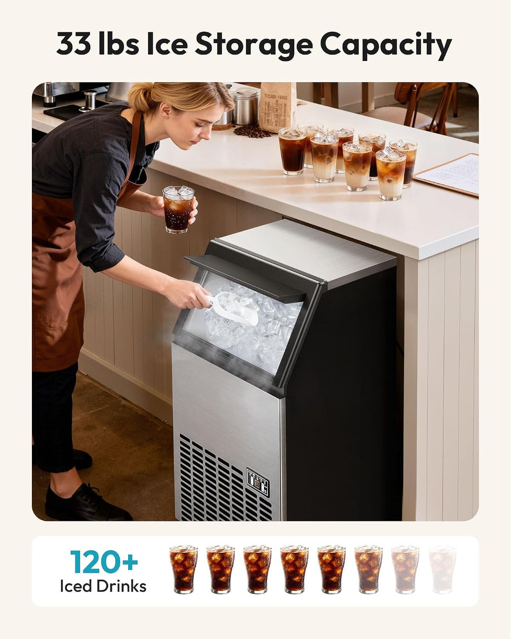 EUHOMY Commercial Ice Maker Machine - 110lbs Daily Production, 33lbs Ice Storage, Stainless Steel Freestanding & Under Counter Ice Maker, Ideal Ice Maker for Home/Bar/Restaurant/Outdoor Activities