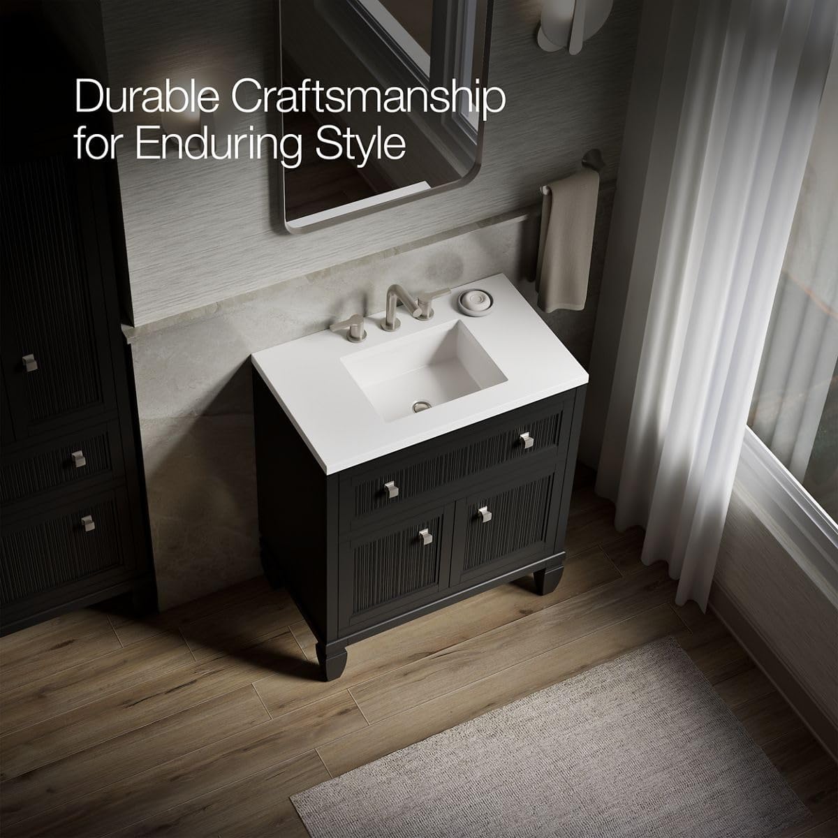 Kohler Hearthaven 30 Inch Bathroom Vanity Cabinet with White Single Sink and Quartz Top, Modern Bathroom Vanity, Slate Gray, K-33536-ASB-1WX