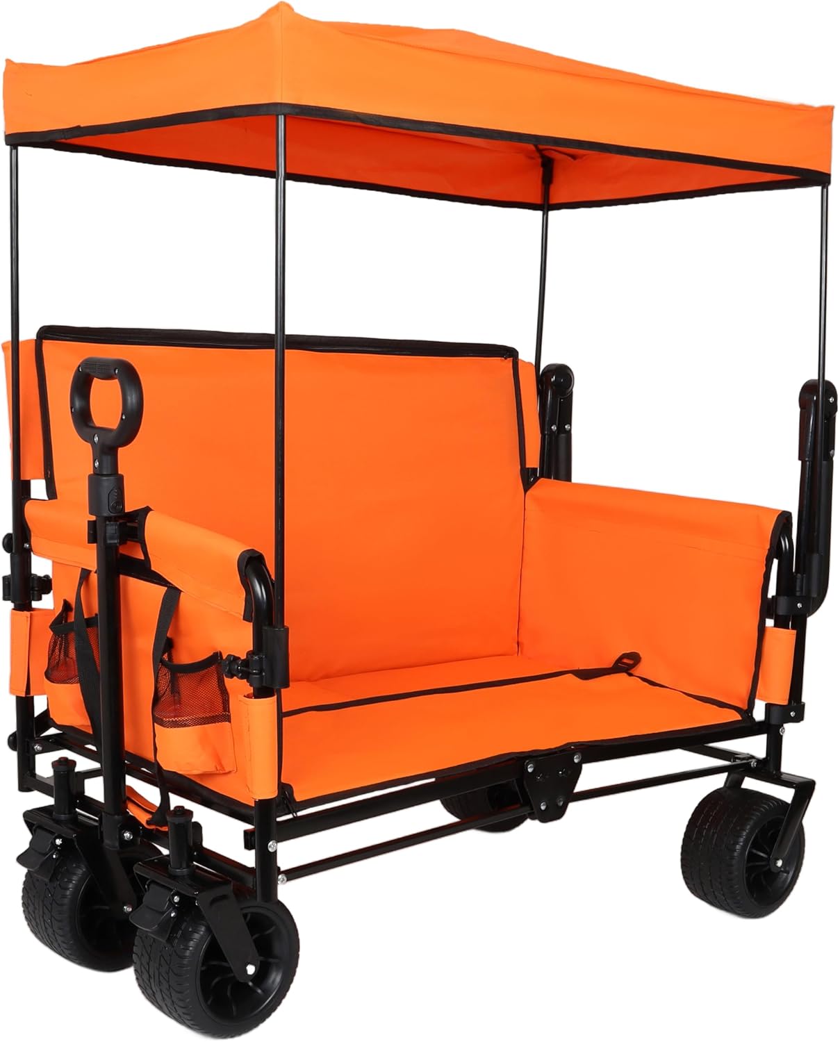 ZeHuoGe 3-in-1 Folding Wagon Cart with Bench Seat & Canopy & Storage, 500lbs Heavy-Duty, 180L Capacity, All-Terrain Wagon for Camping, Beach, Sports, & Garden (Orange)