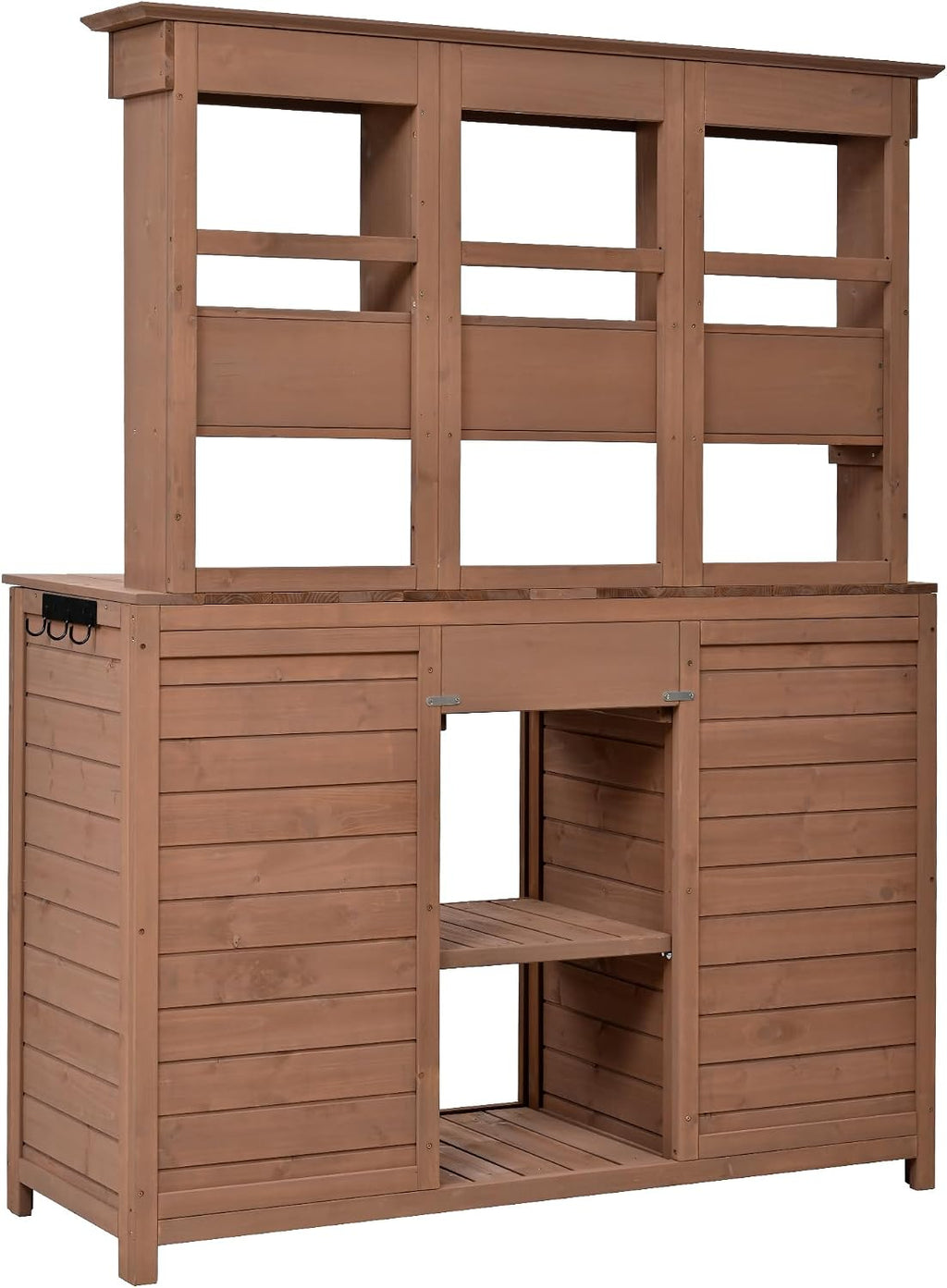 JIVOIT Outdoor Wood Workstation Table, 65.7'' H Tall Garden Potting Bench Table with Hutch, 3 Shelves, 6 Drawers, 2 Bottom Cabinets & Side Hooks, Patio Storage Workstation for Mudroom, Doorway