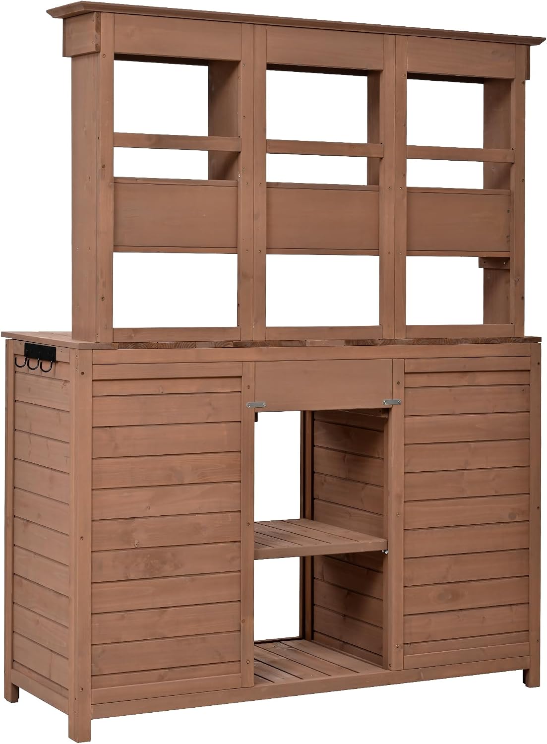 JIVOIT Outdoor Wood Workstation Table, 65.7'' H Tall Garden Potting Bench Table with Hutch, 3 Shelves, 6 Drawers, 2 Bottom Cabinets & Side Hooks, Patio Storage Workstation for Mudroom, Doorway