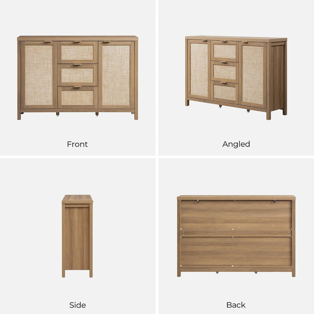 SICOTAS Rattan Sideboard Buffet Cabinet with Storage - 52' Larger Farmhouse Credenza Storage Coffee Bar Cabinet with 3 Drawers & 2 Doors, Boho Console Table for Living Room, Kitchen, Caramel Oak